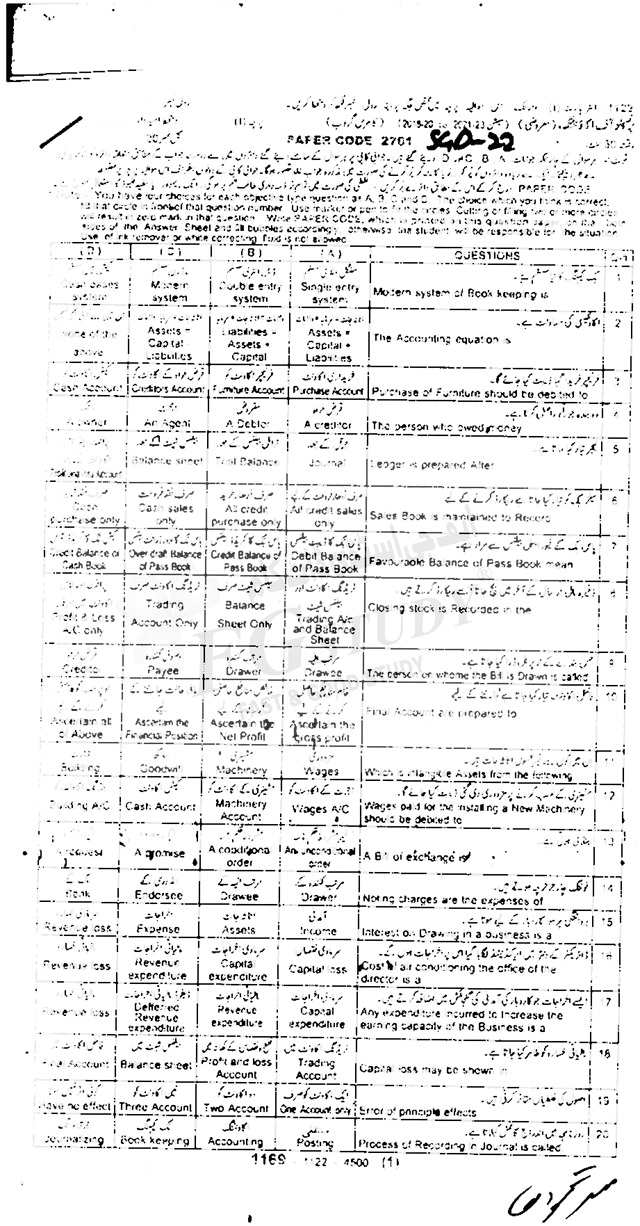 11th Class Principles Of Accounting Past Paper 2022 Sargodha Board Objective