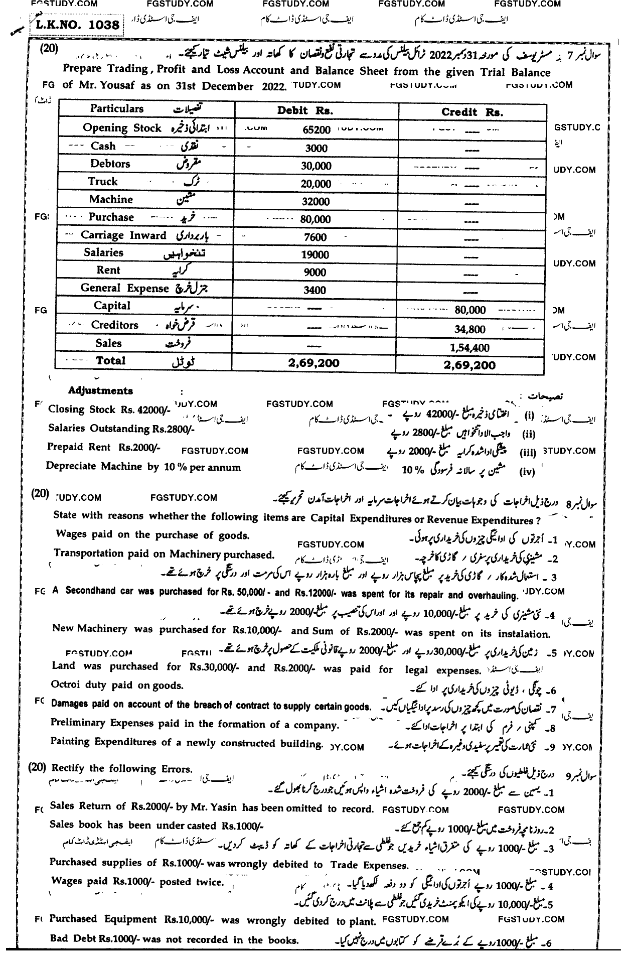 11th Class Principles Of Accounting Past Paper 2023 Bahawalpur Board Subjective