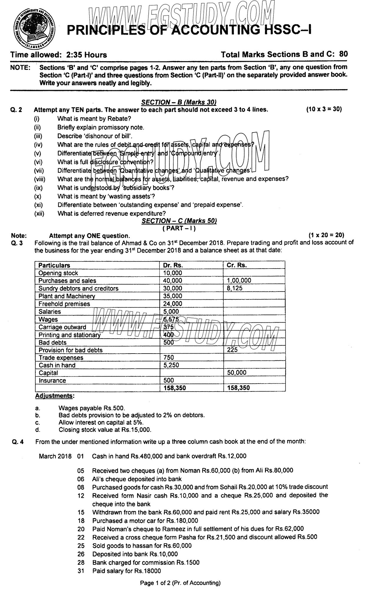 11th Class Principles Of Accounting Past Paper 2023 Federal Board Islamabad Subjective