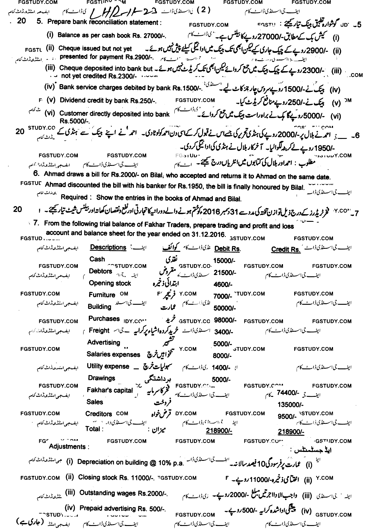 11th Class Principles Of Accounting Past Paper 2023 Lahore Board Subjective