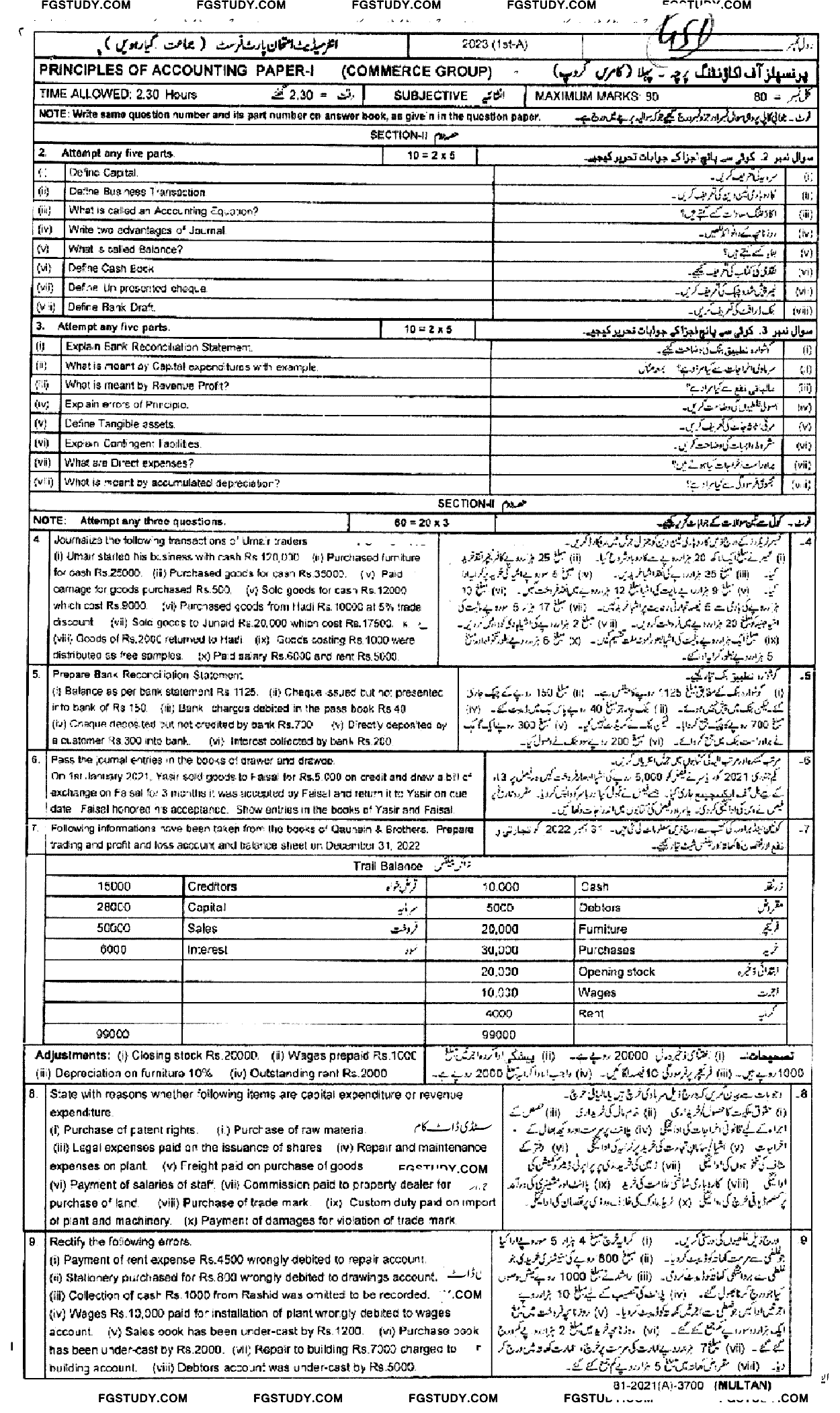 11th Class Principles Of Accounting Past Paper 2023 Multan Board Subjective