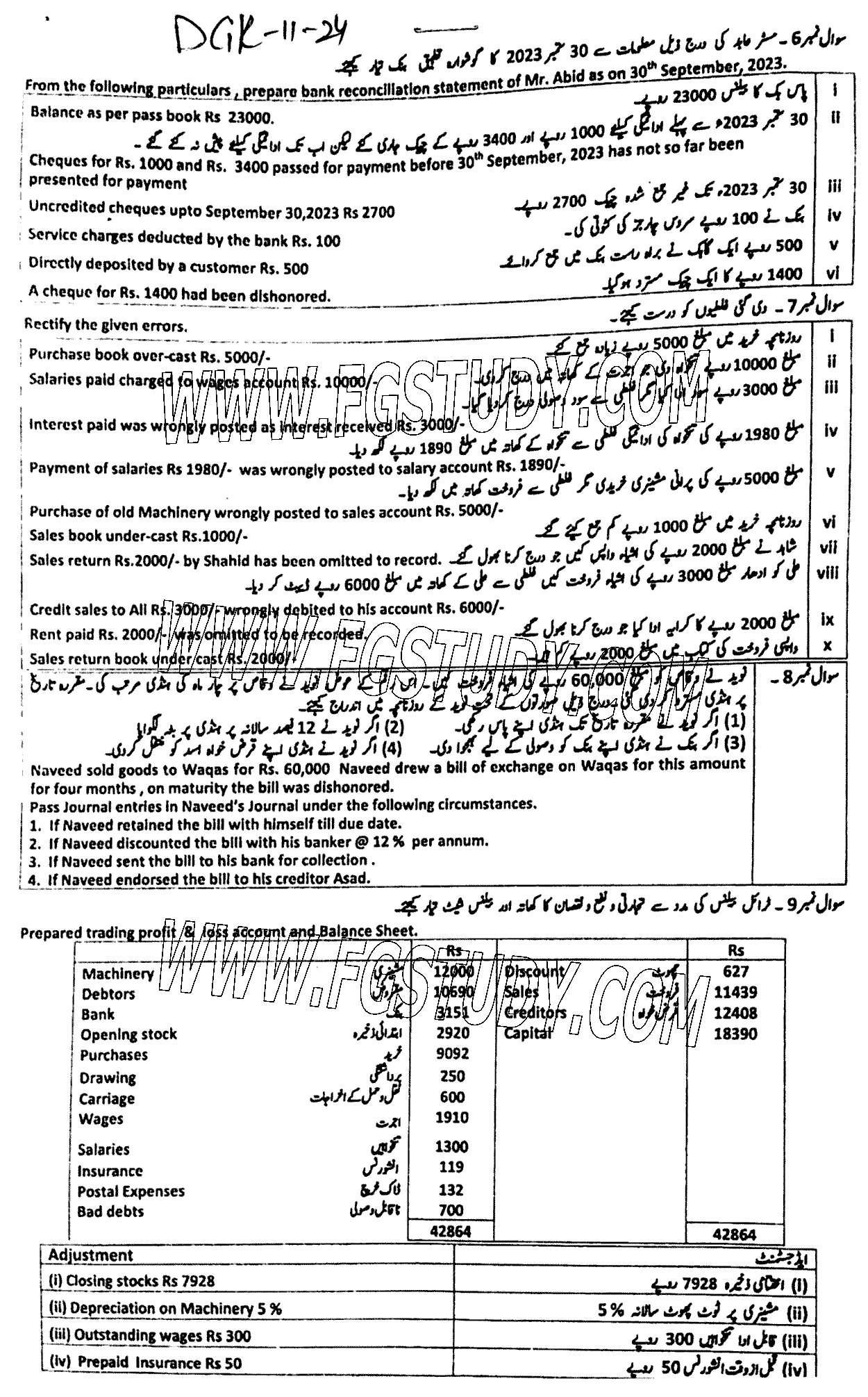 11th Class Principles Of Accounting Past Paper 2024 Dg Khan Board Subjective