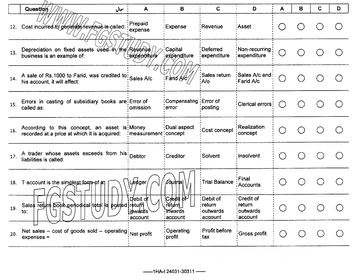 11th Class Principles Of Accounting Past Paper 2024 Federal Board Islamabad Objective