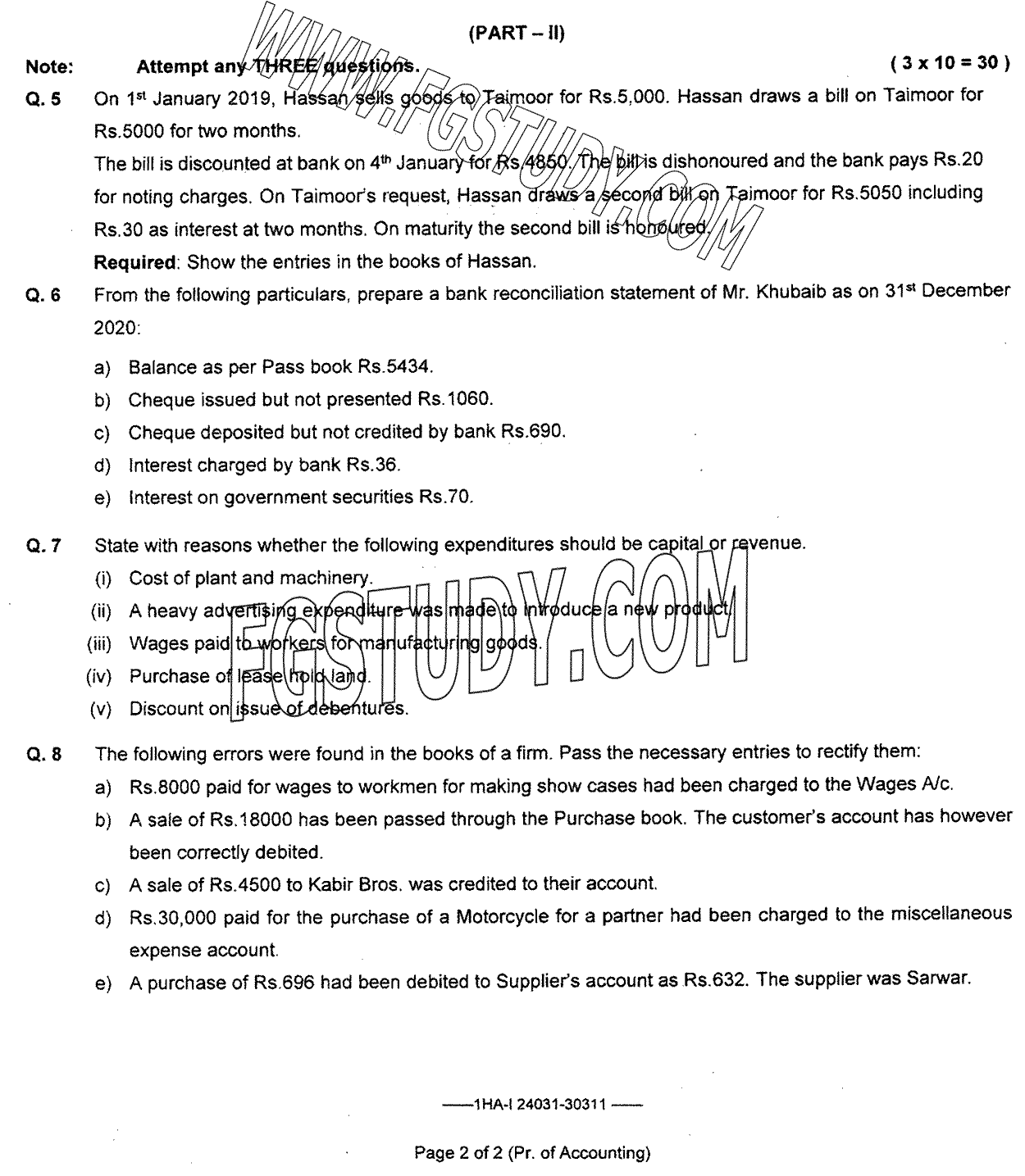 11th Class Principles Of Accounting Past Paper 2024 Federal Board Islamabad Subjective