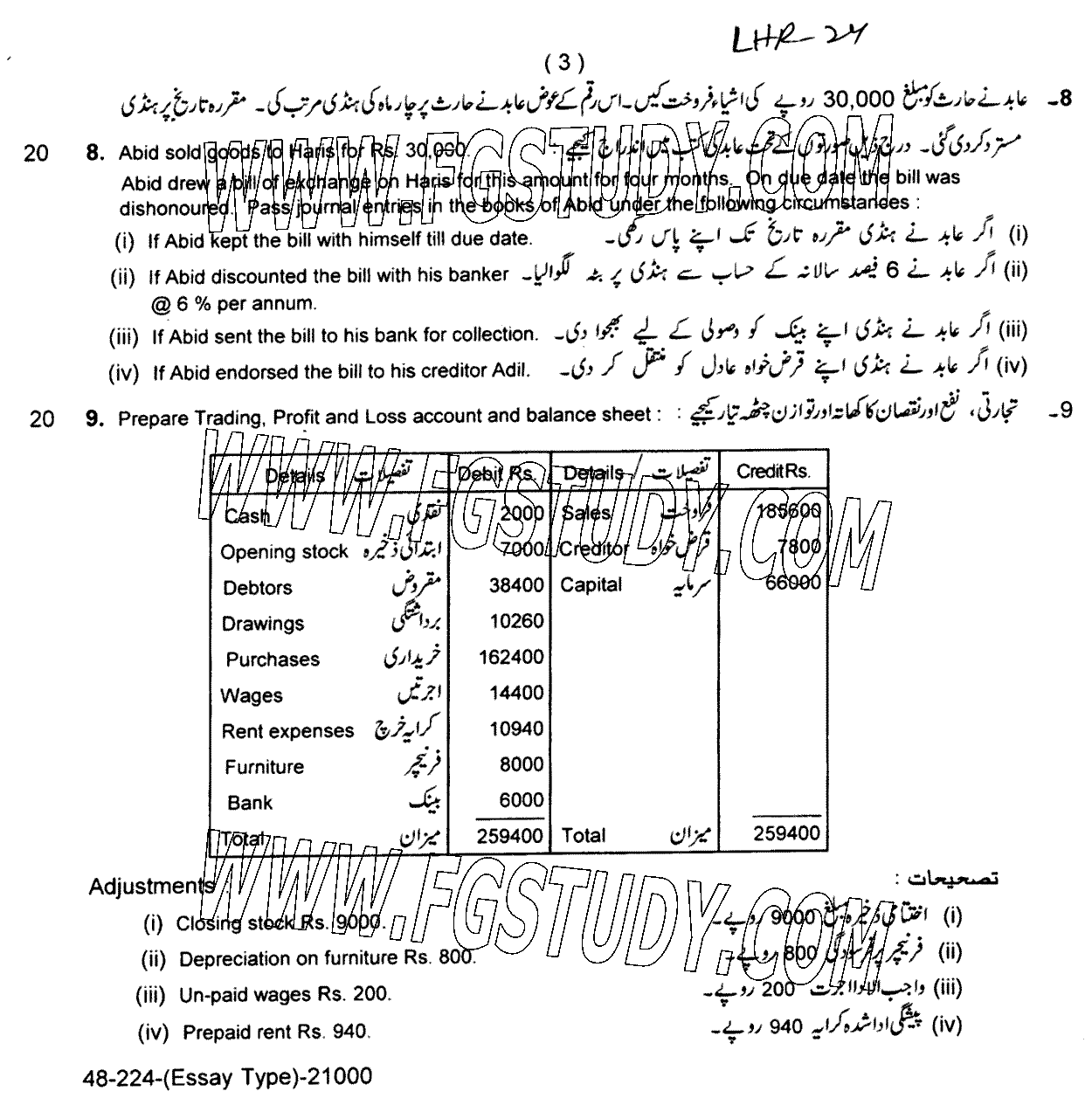 11th Class Principles Of Accounting Past Paper 2024 Lahore Board Subjective