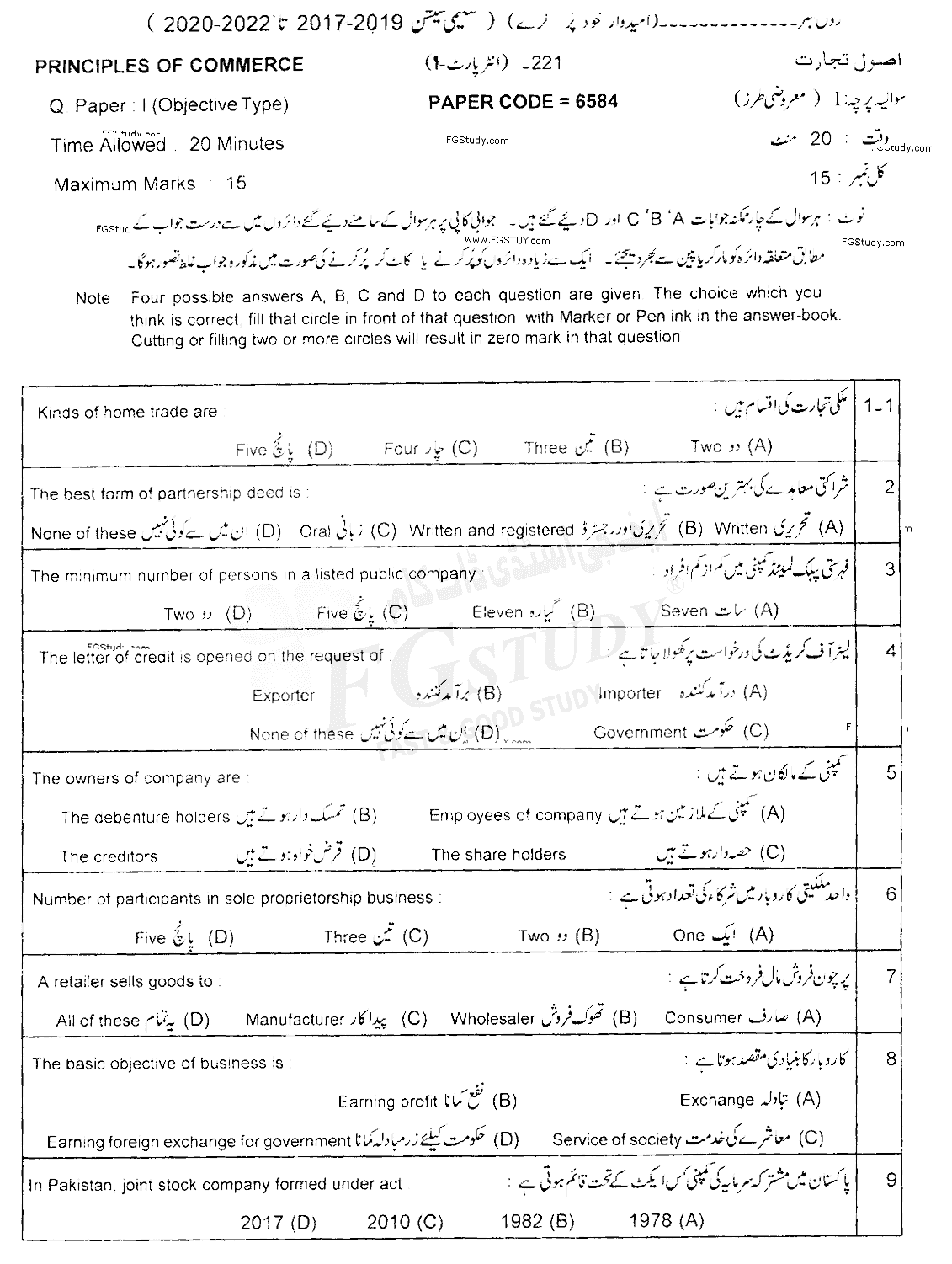 11th Class Principles Of Commerce Past Paper 2021 Lahore Board Objective