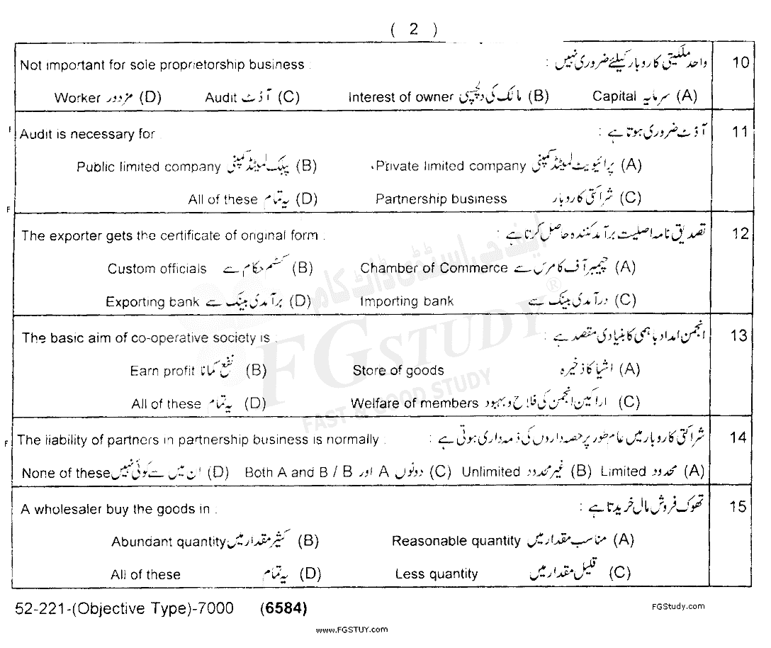 11th Class Principles Of Commerce Past Paper 2021 Lahore Board Objective