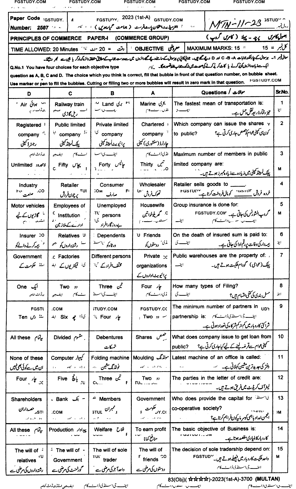 11th Class Principles Of Commerce Past Paper 2023 Multan Board Objective