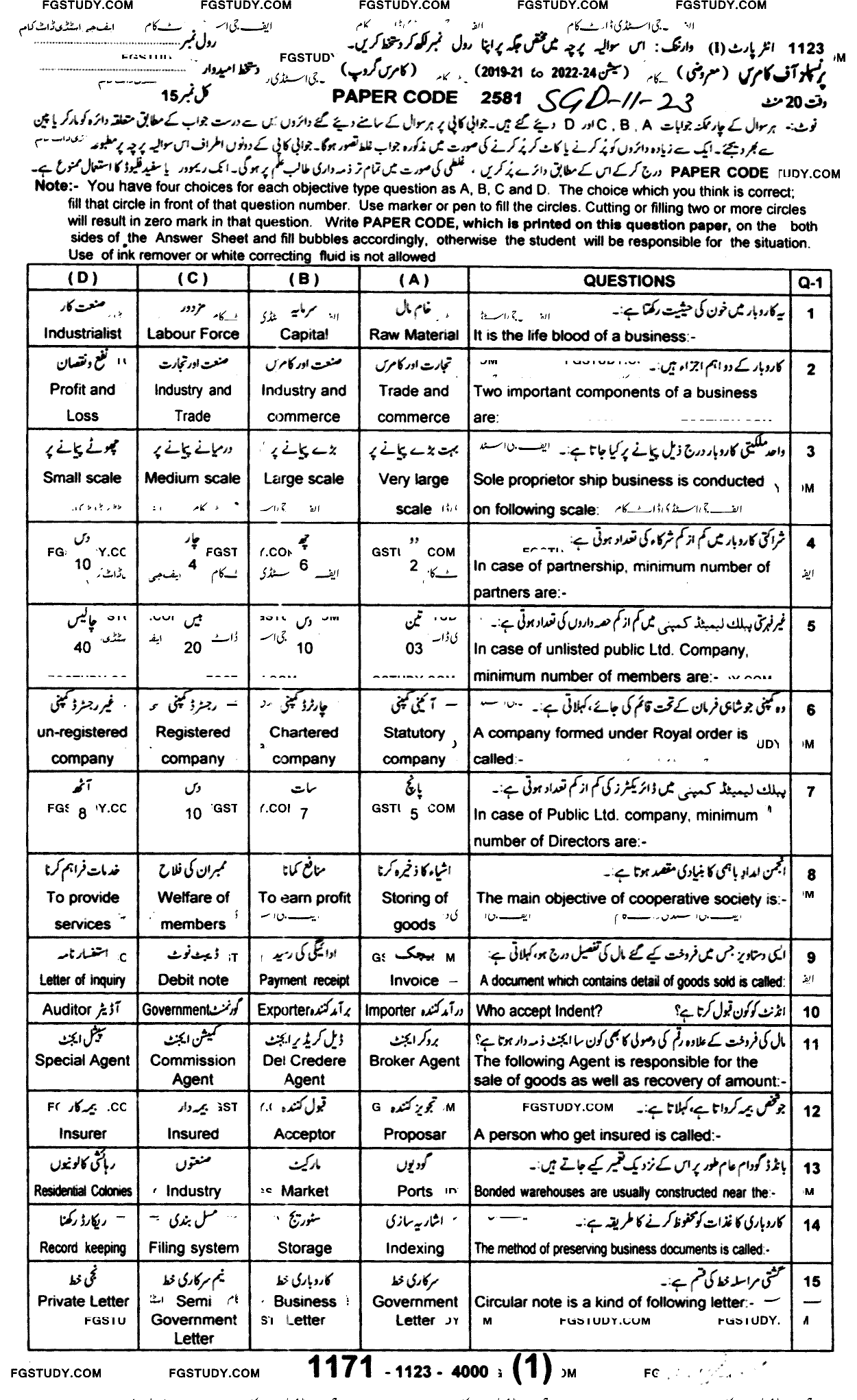 11th Class Principles Of Commerce Past Paper 2023 Sargodha Board Objective