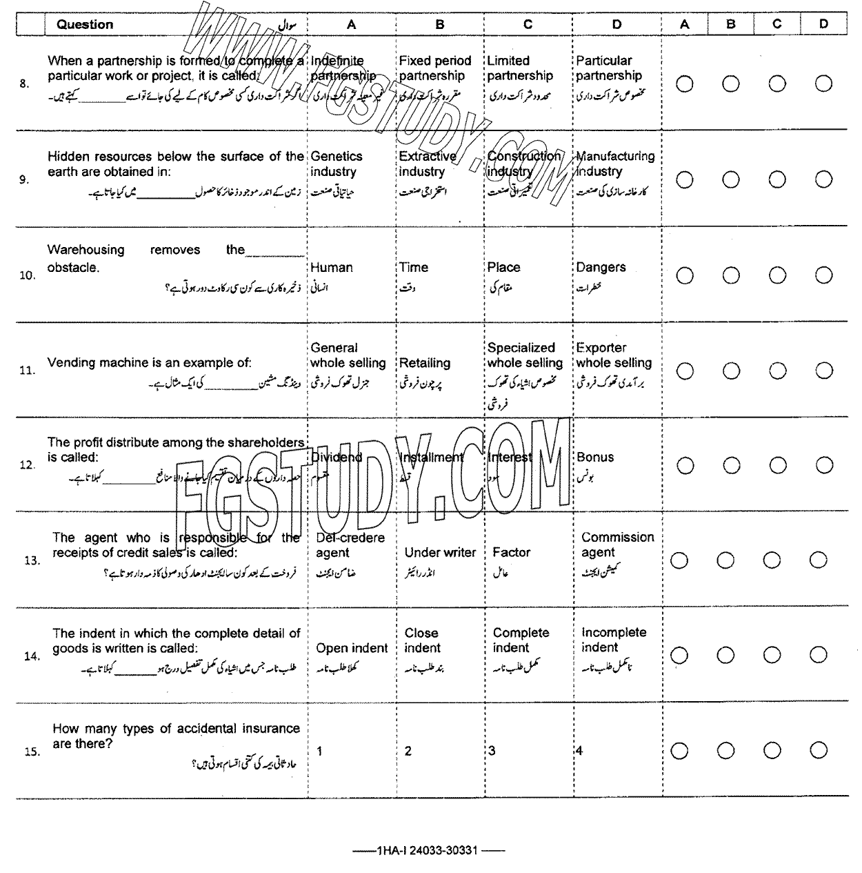 11th Class Principles Of Commerce Past Paper 2024 Federal Board Islamabad Objective