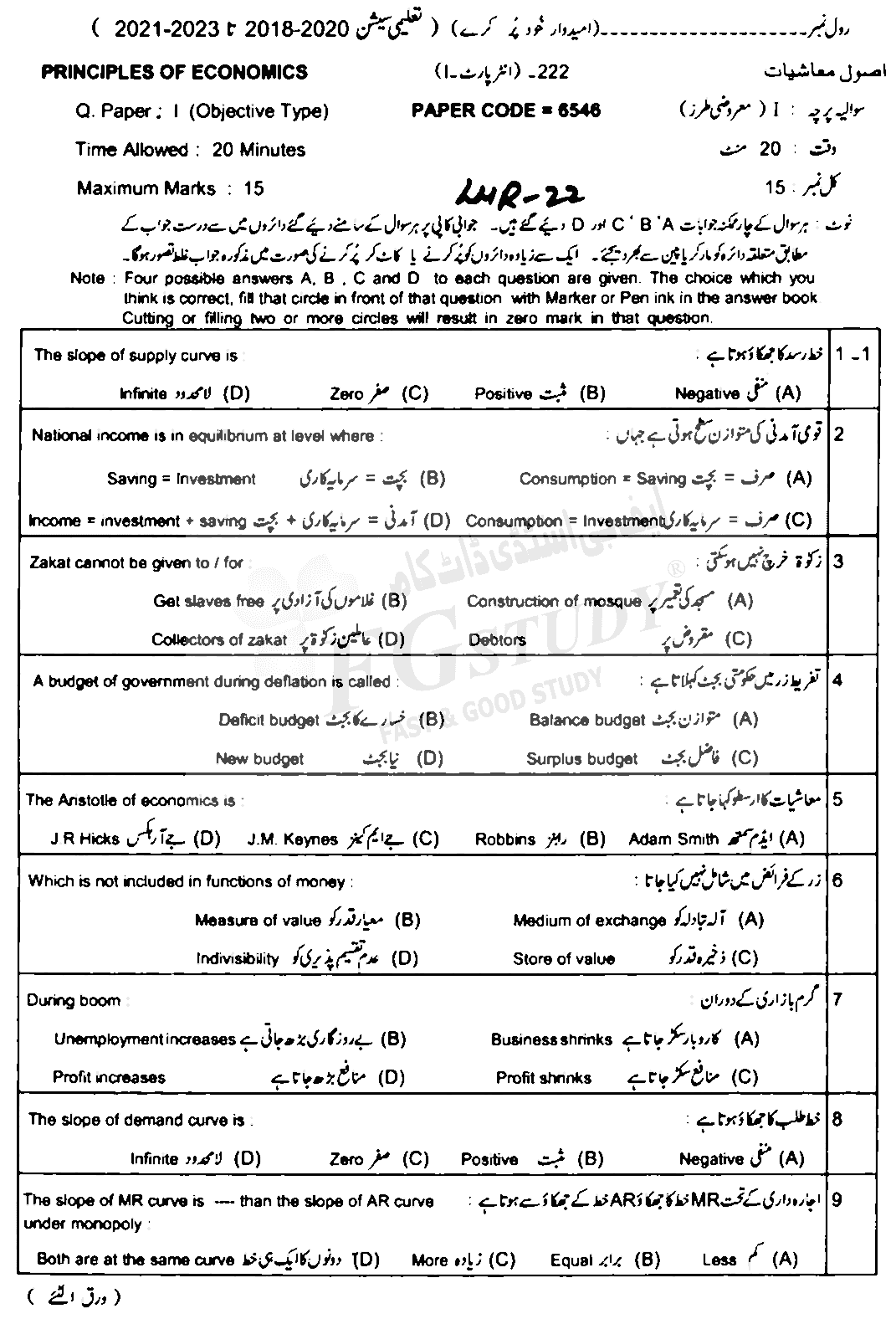 11th Class Principles Of Economics Past Paper 2022 Lahore Board Objective
