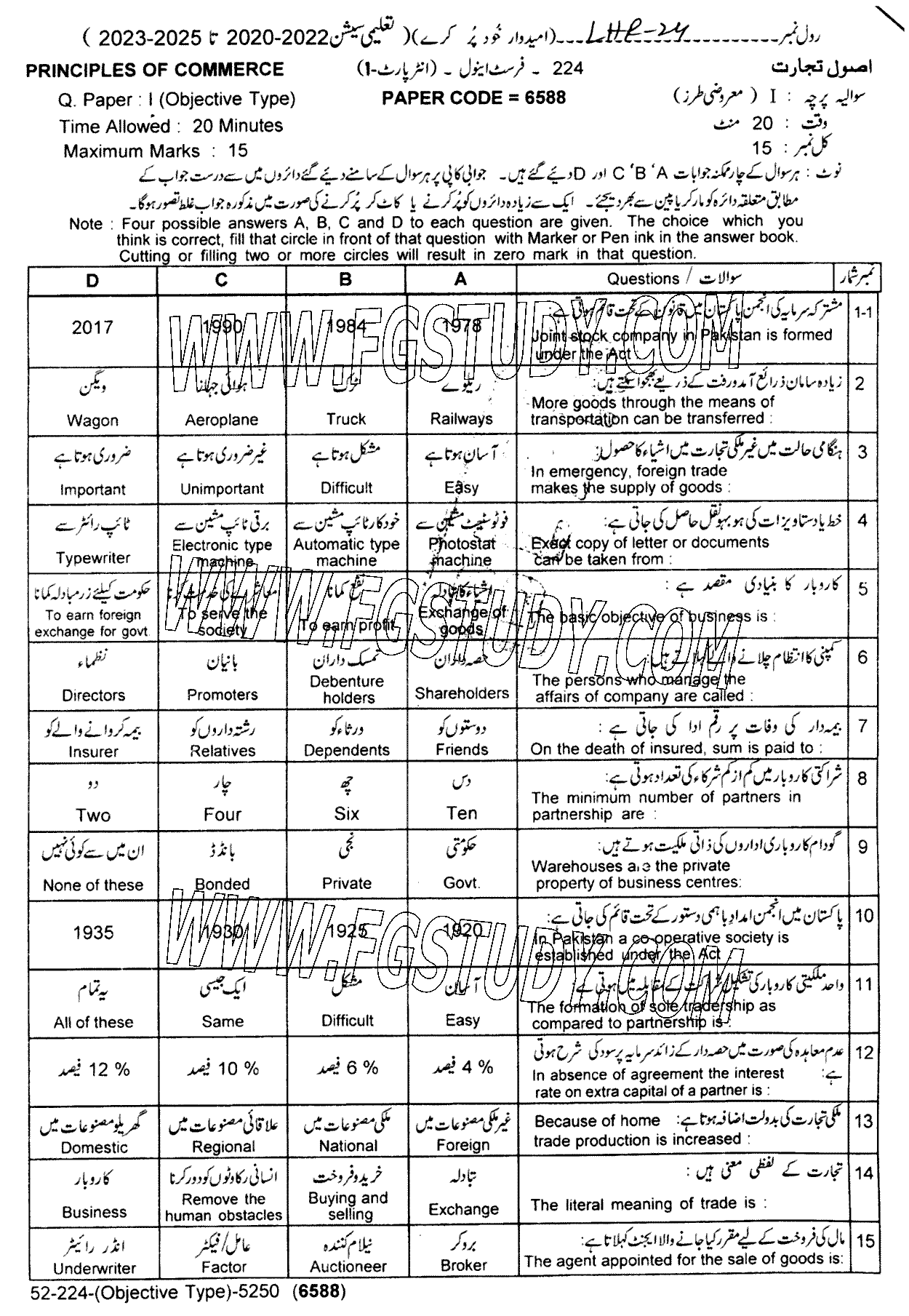 11th Class Principles Of Economics Past Paper 2024 Lahore Board Objective