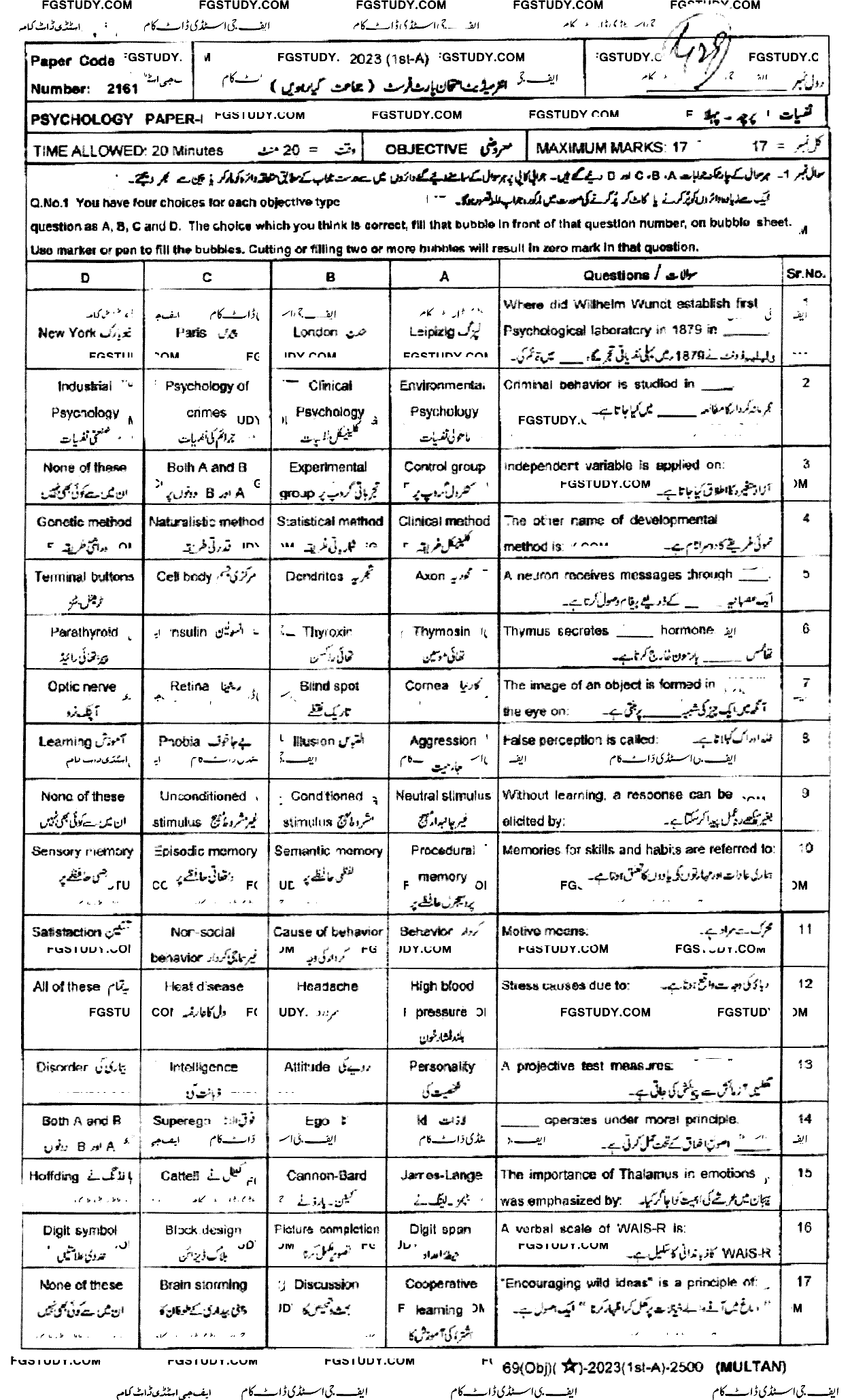 11th Class Psychology Past Paper 2023 Multan Board Objective