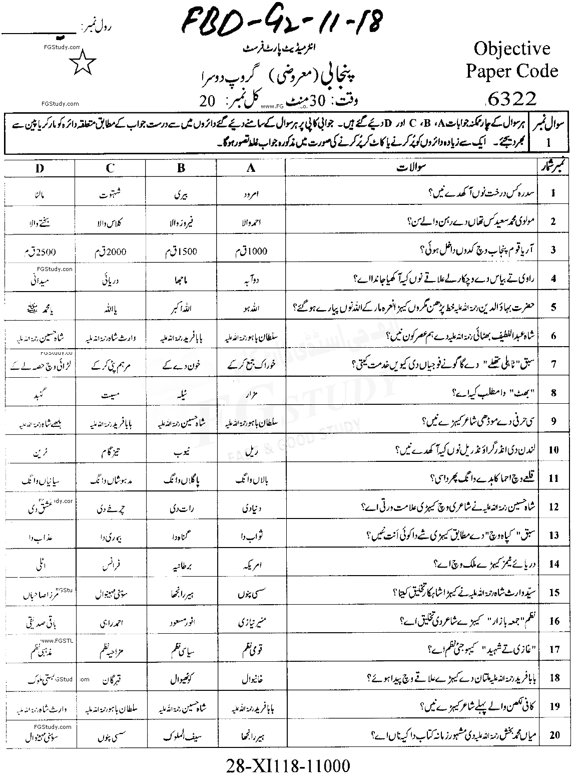 11th Class Punjabi Past Paper 2018 Faisalabad Board Group 2 Objective
