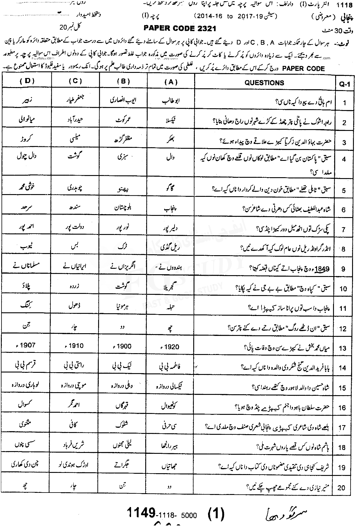 11th Class Punjabi Past Paper 2018 Sargodha Board Objective