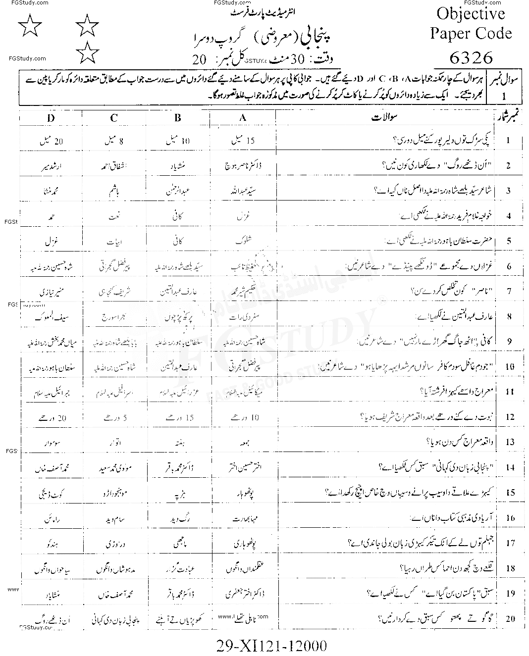 11th Class Punjabi Past Paper 2021 Faisalabad Board Group 2 Objective