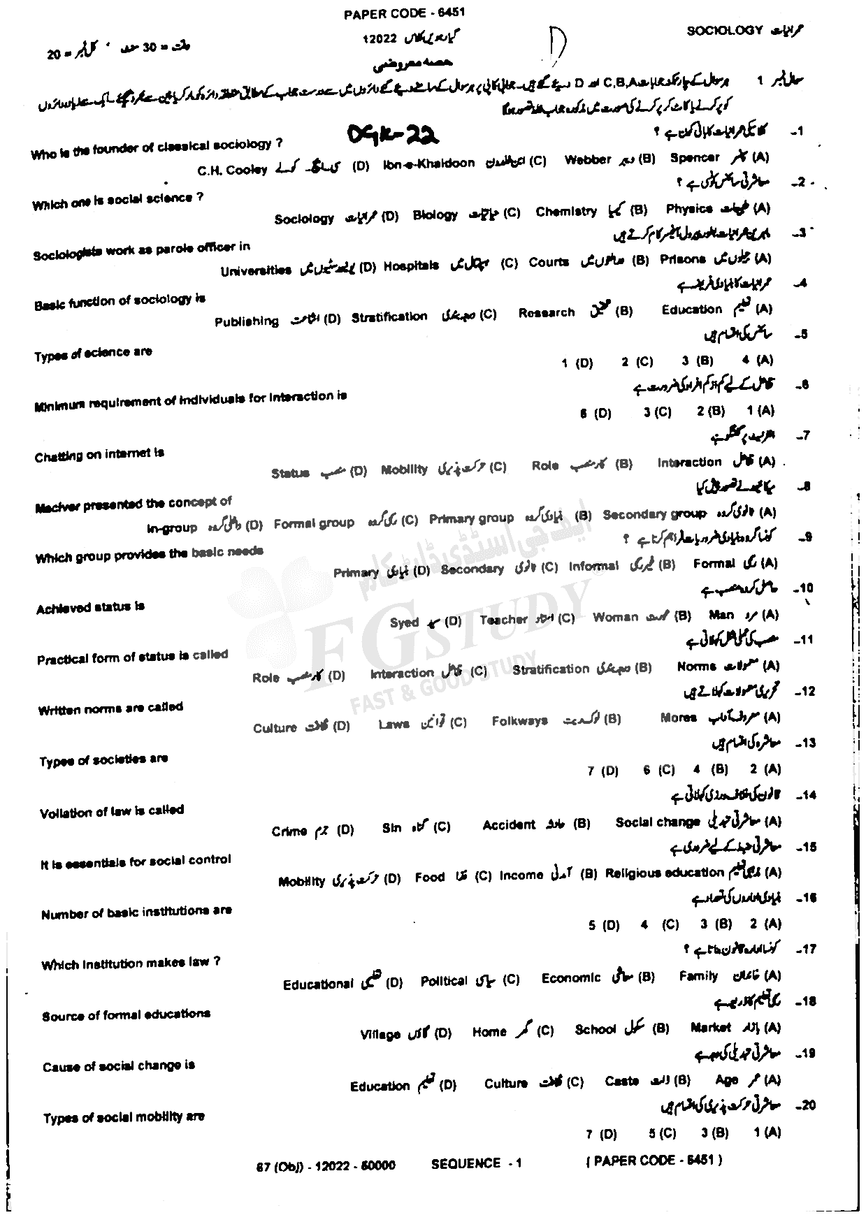 11th Class Sociology Past Paper 2022 Dg Khan Board Objective