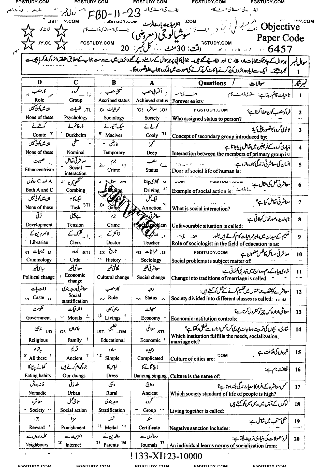 11th Class Sociology Past Paper 2023 Faisalabad Board Objective