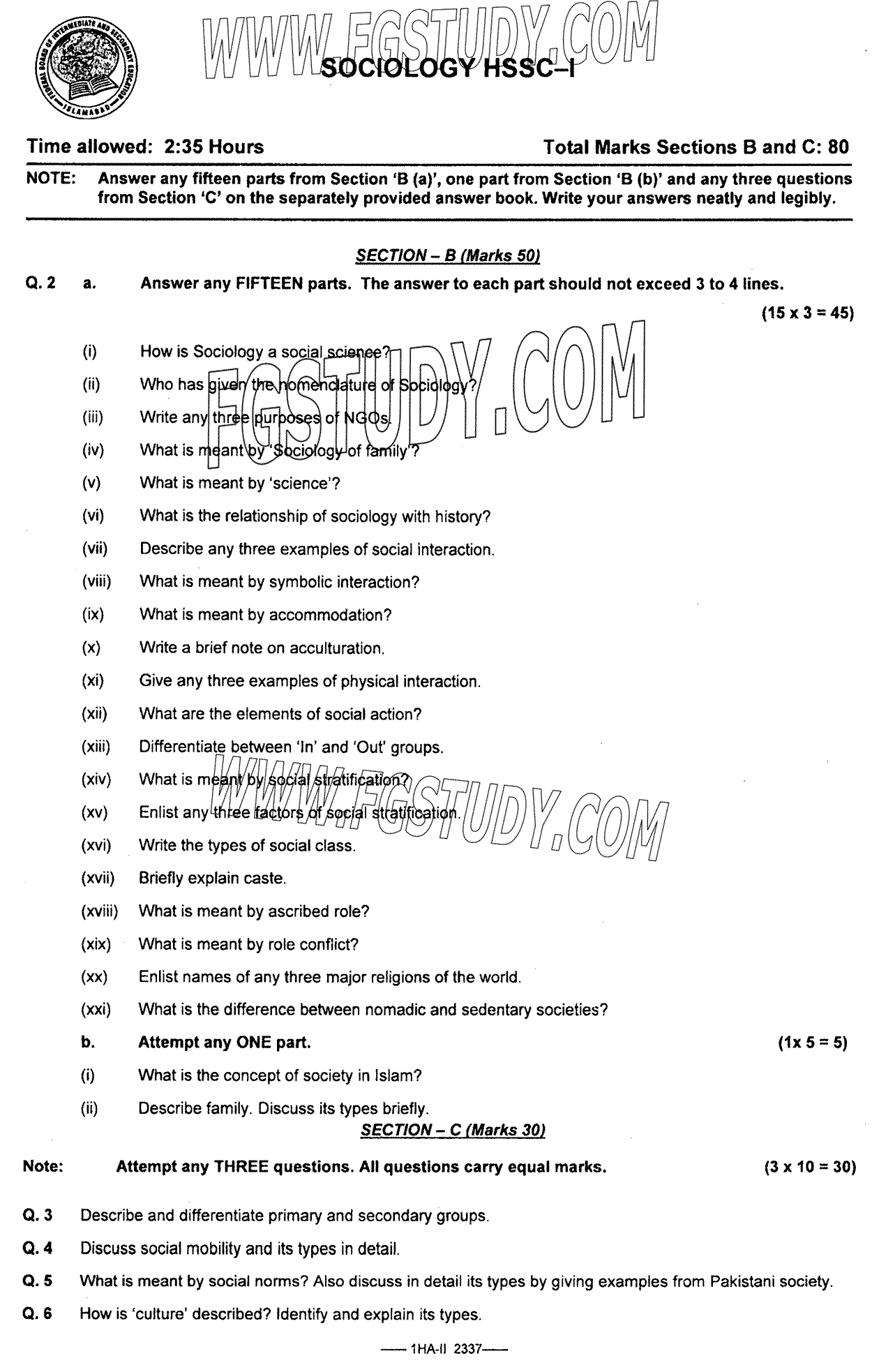 11th Class Sociology Past Paper 2023 Federal Board Islamabad Subjective