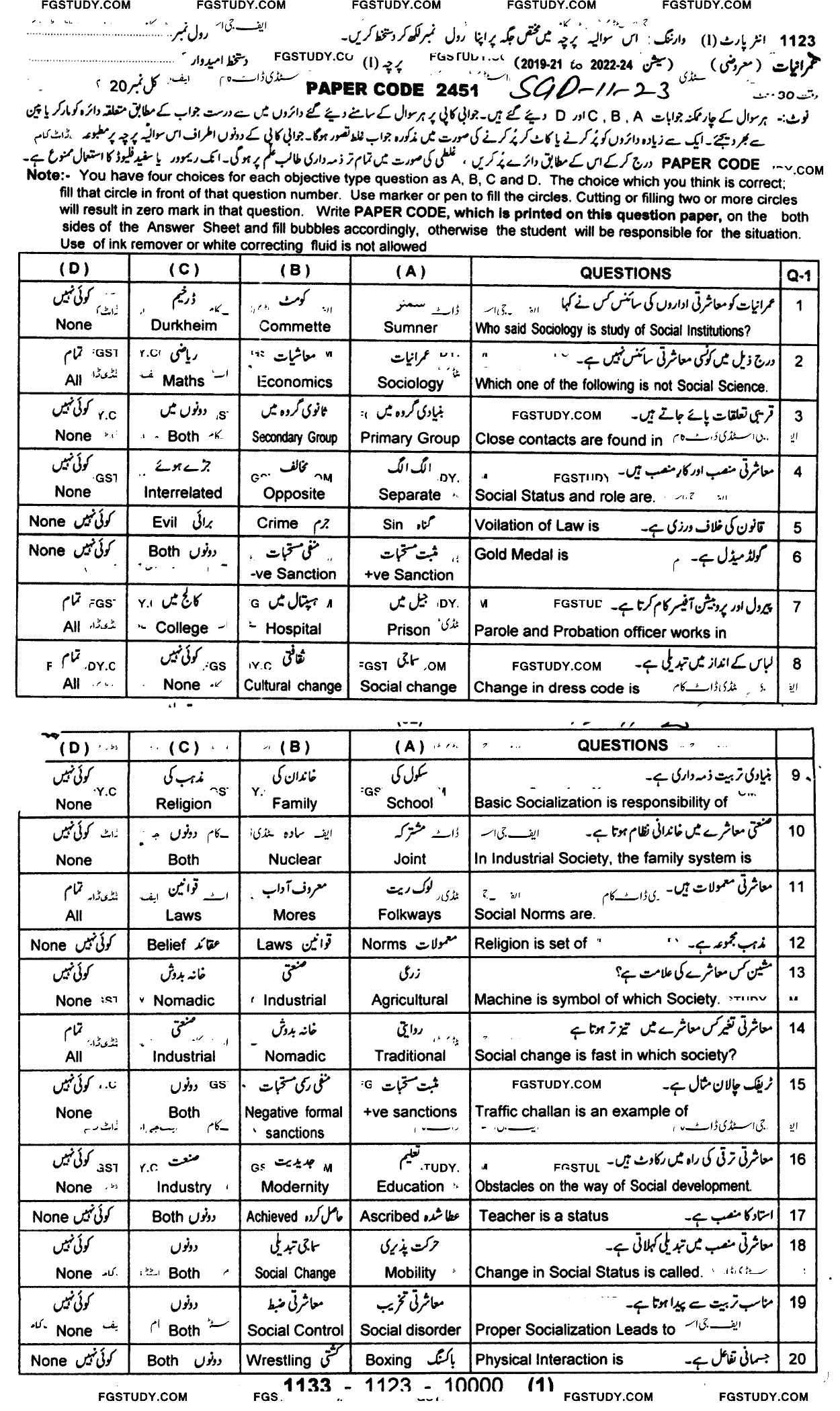 11th Class Sociology Past Paper 2023 Sargodha Board Objective