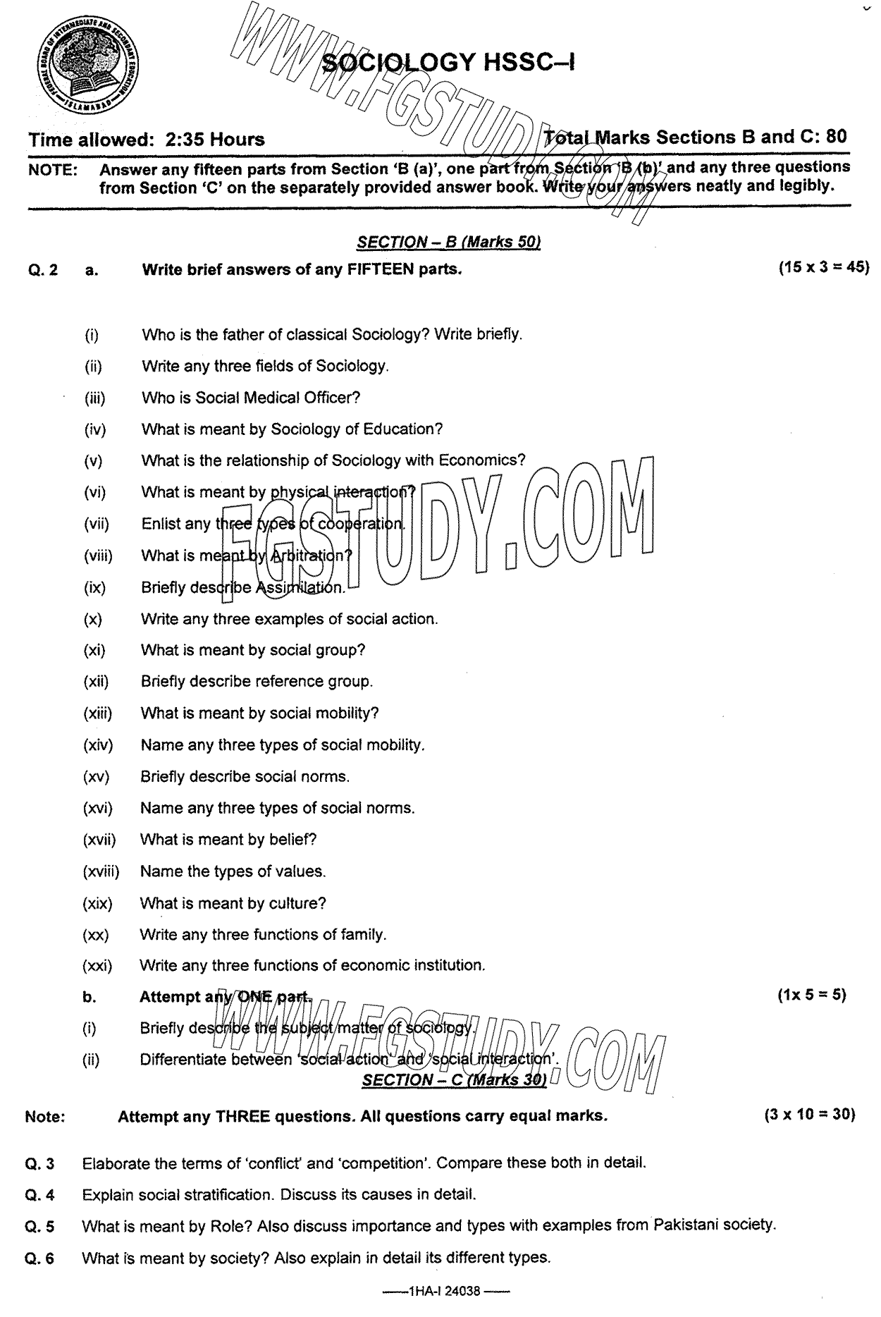 11th Class Sociology Past Paper 2024 Federal Board Islamabad Subjective