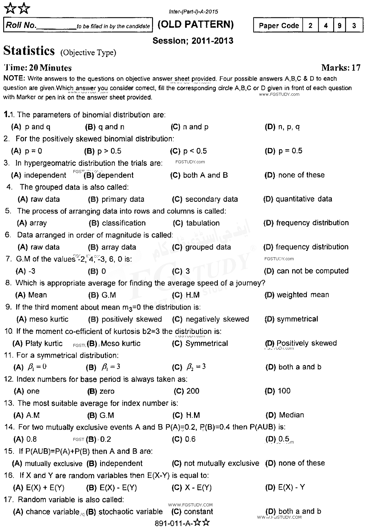 11th Class Statistics Past Paper 2015 Rawalpindi Board Objective