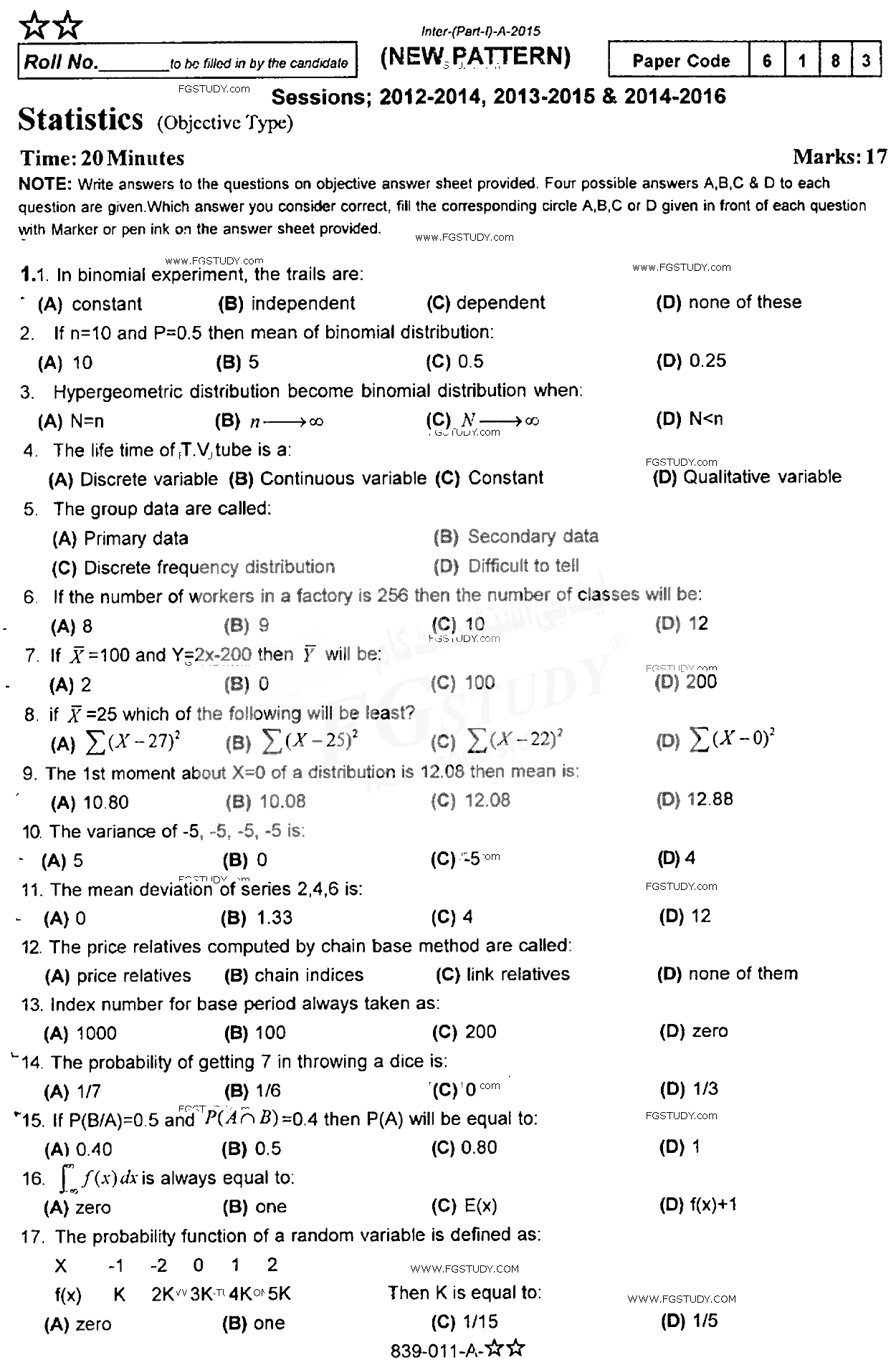 11th Class Statistics Past Paper 2015 Rawalpindi Board Objective