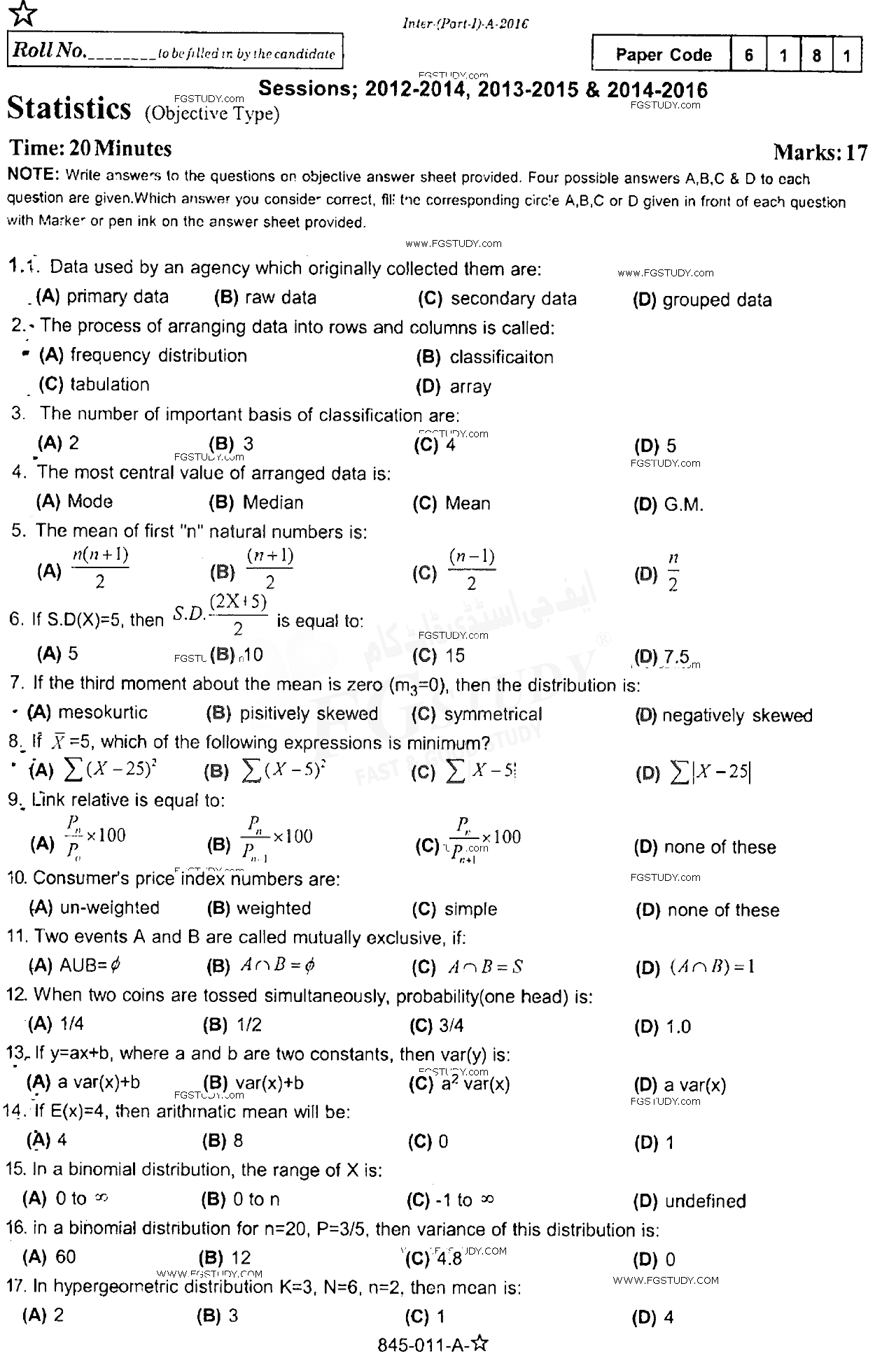 11th Class Statistics Past Paper 2016 Rawalpindi Board Objective