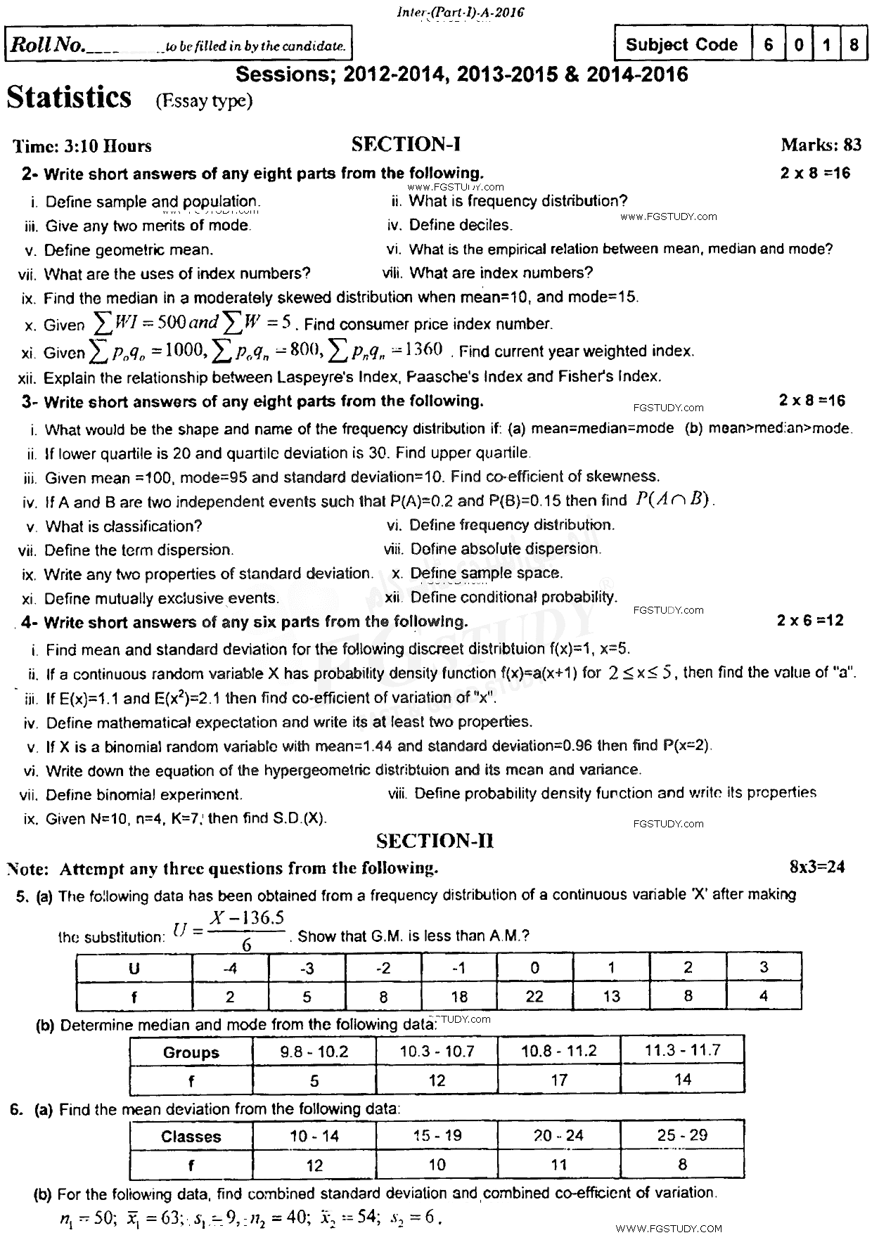 11th Class Statistics Past Paper 2016 Rawalpindi Board Subjective