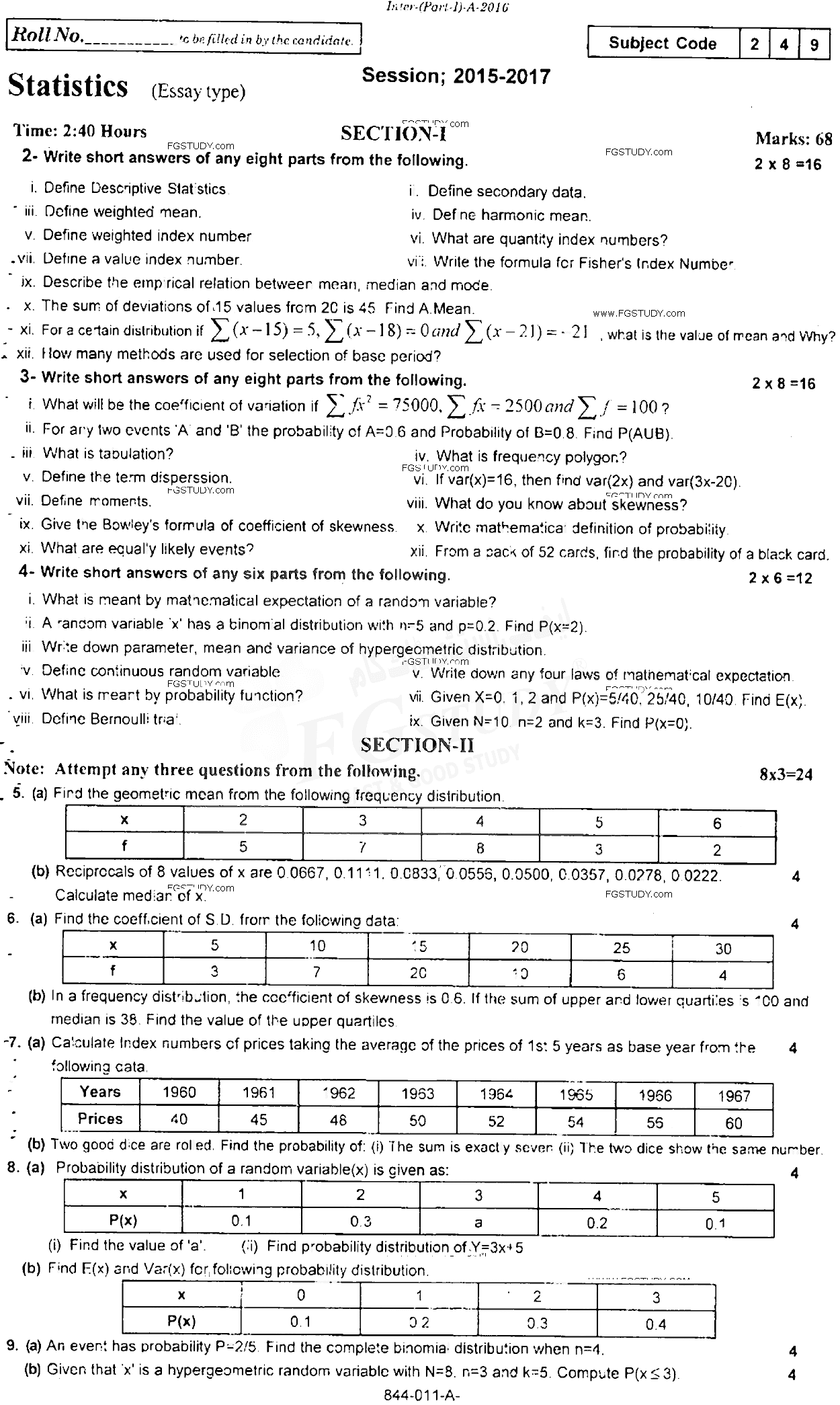11th Class Statistics Past Paper 2016 Rawalpindi Board Subjective