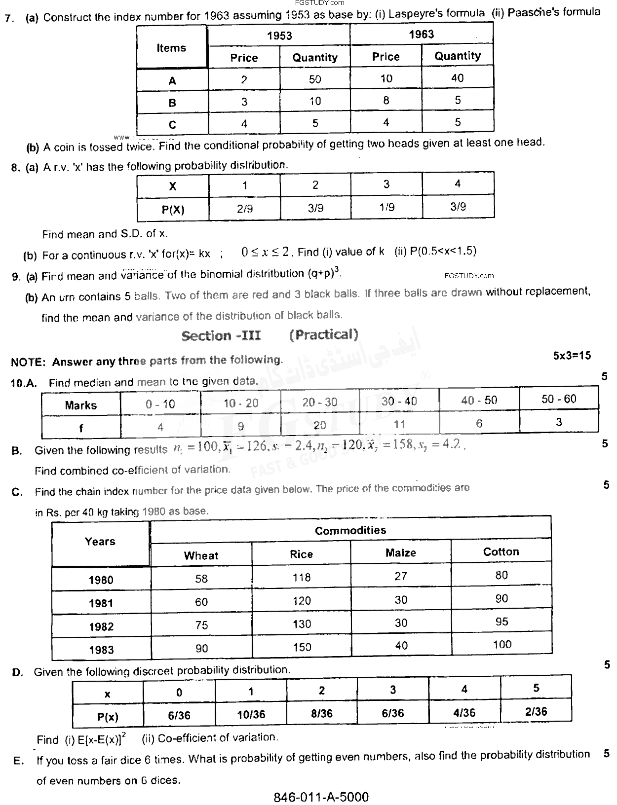 11th Class Statistics Past Paper 2016 Rawalpindi Board Subjective