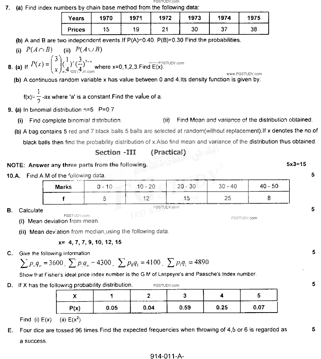 11th Class Statistics Past Paper 2017 Rawalpindi Board Subjective