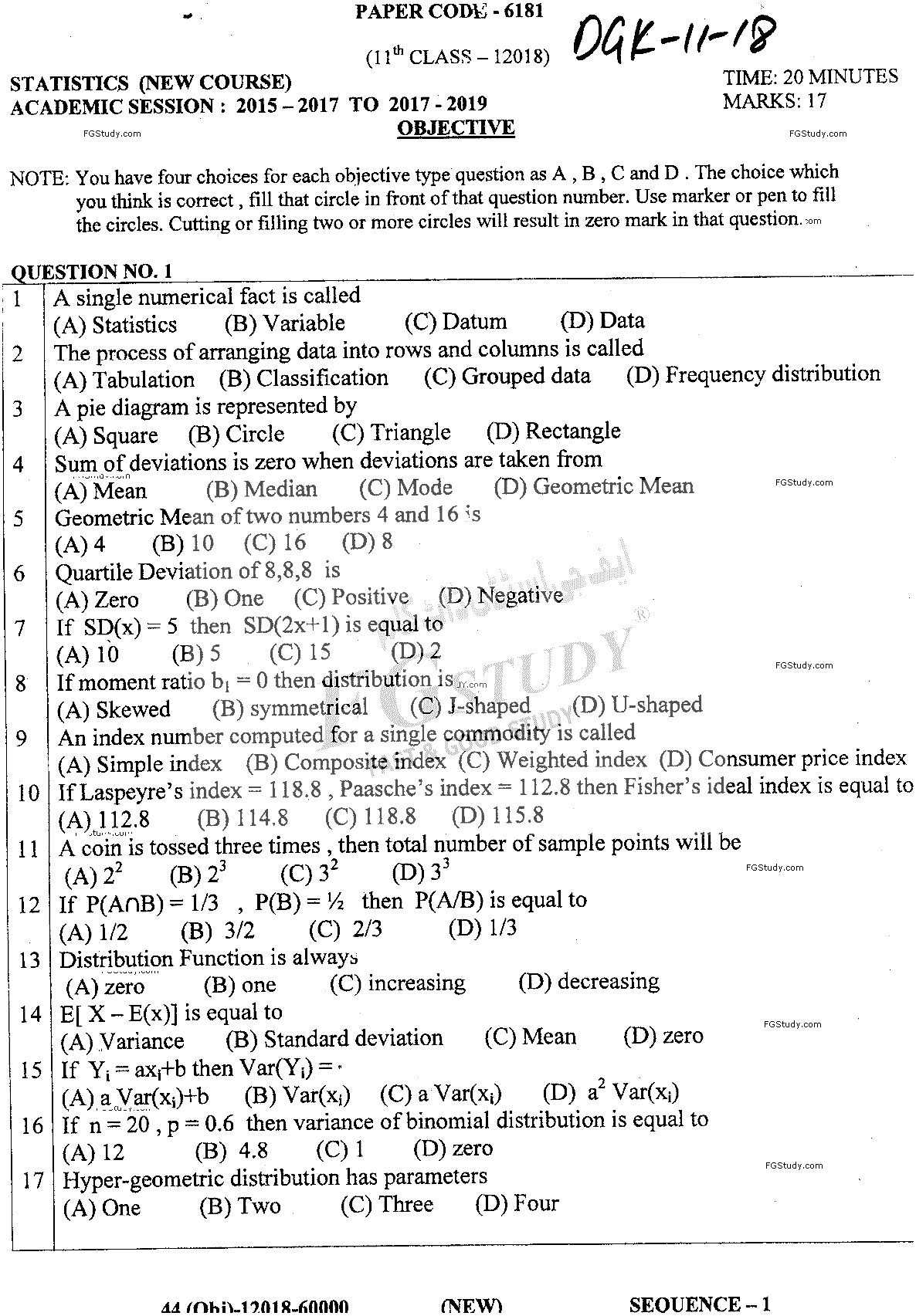 11th Class Statistics Past Paper 2018 Dg Khan Board Objective