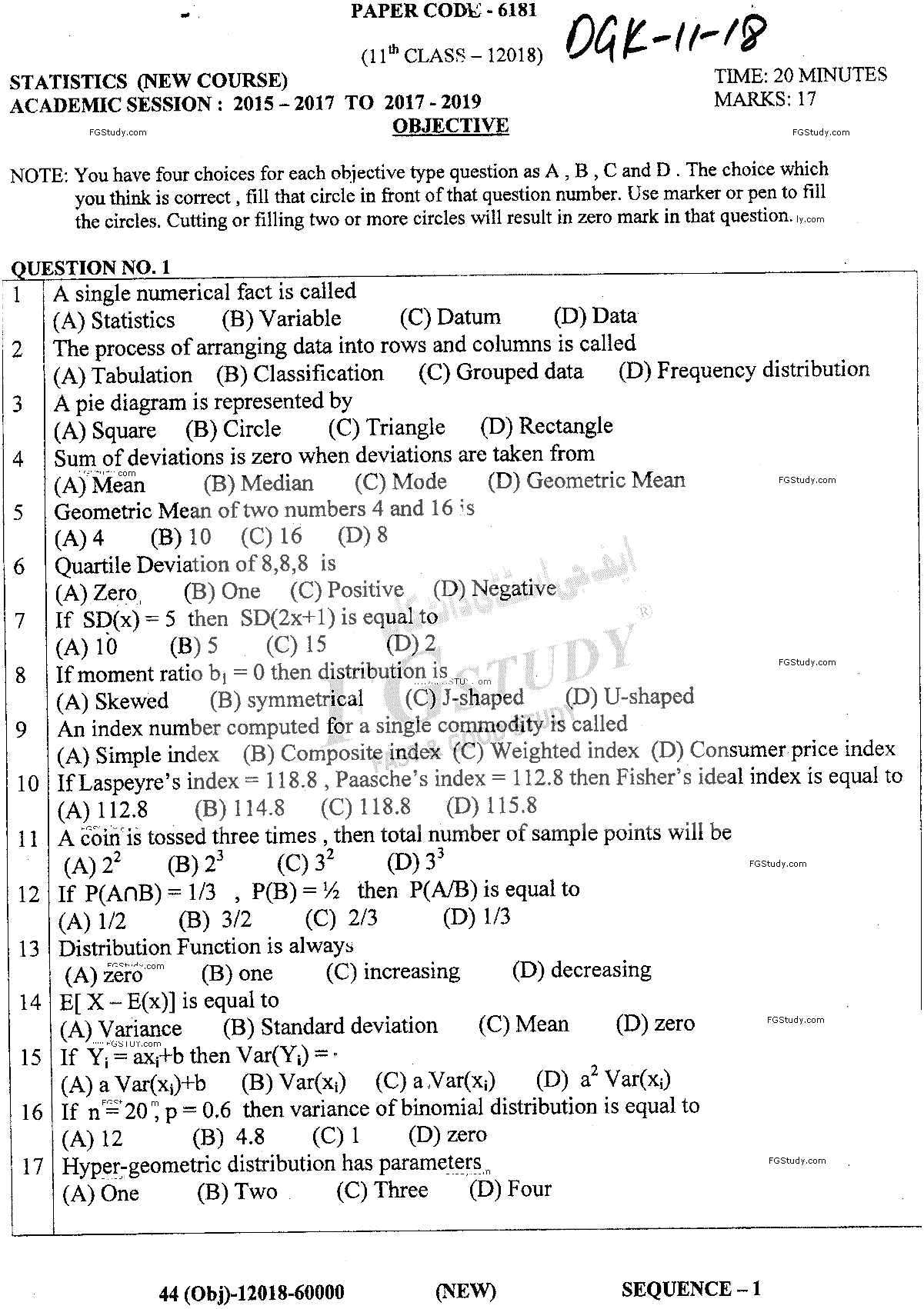 11th Class Statistics Past Paper 2018 Dg Khan Board Objective