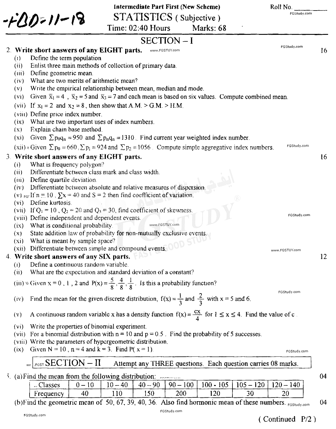 11th Class Statistics Past Paper 2018 Faisalabad Board Subjective