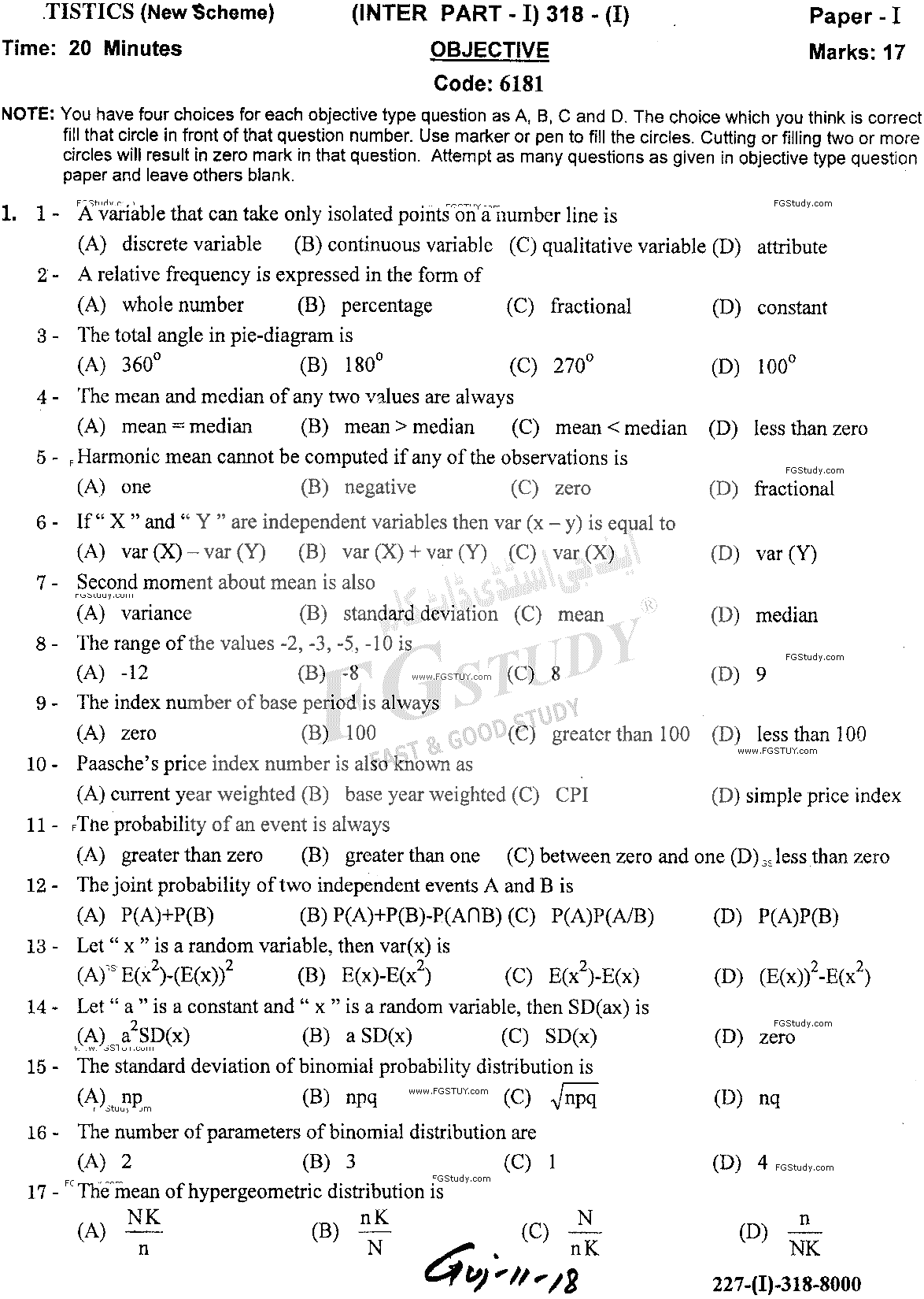 11th Class Statistics Past Paper 2018 Gujranwala Board Objective