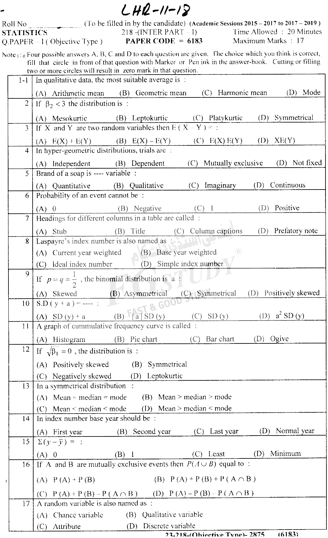 11th Class Statistics Past Paper 2018 Lahore Board Objective
