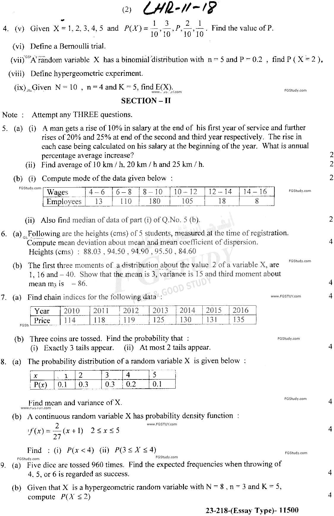 11th Class Statistics Past Paper 2018 Lahore Board Subjective