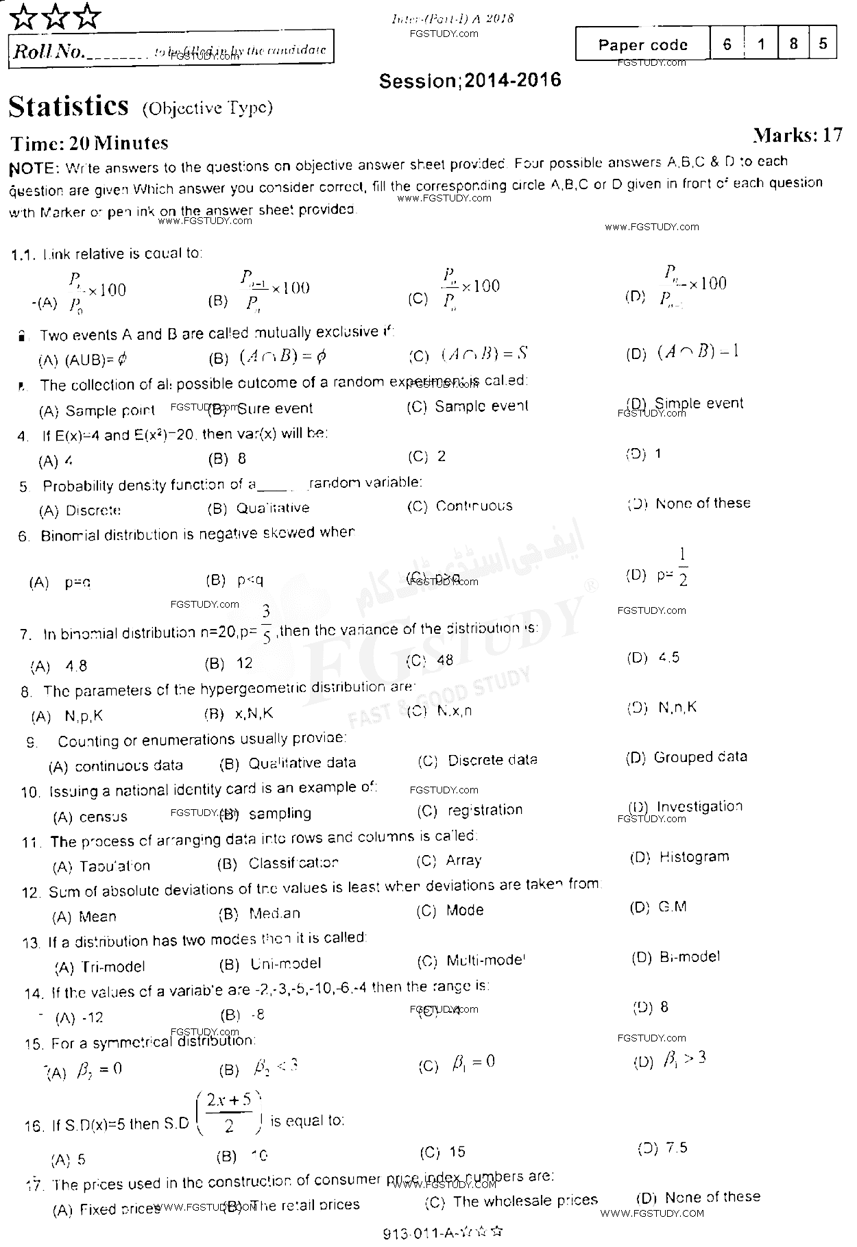 11th Class Statistics Past Paper 2018 Rawalpindi Board Objective