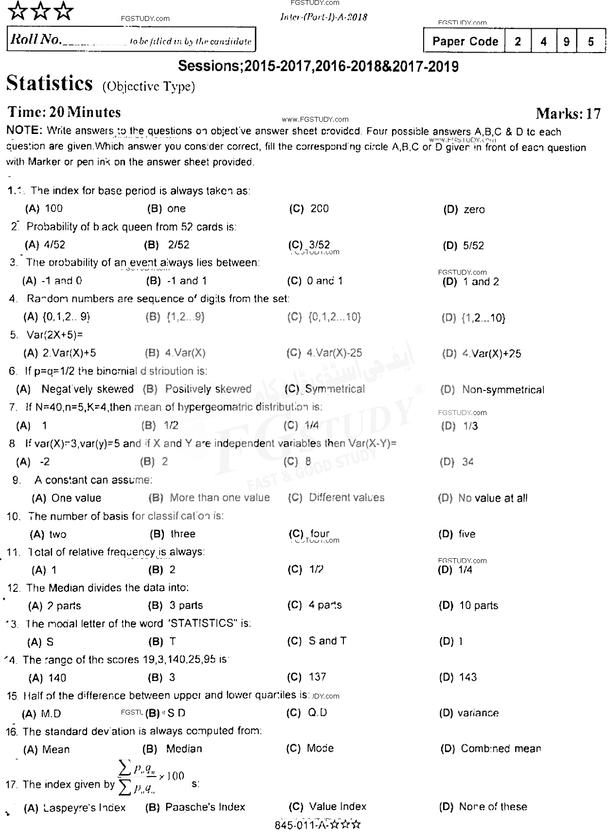 11th Class Statistics Past Paper 2018 Rawalpindi Board Objective