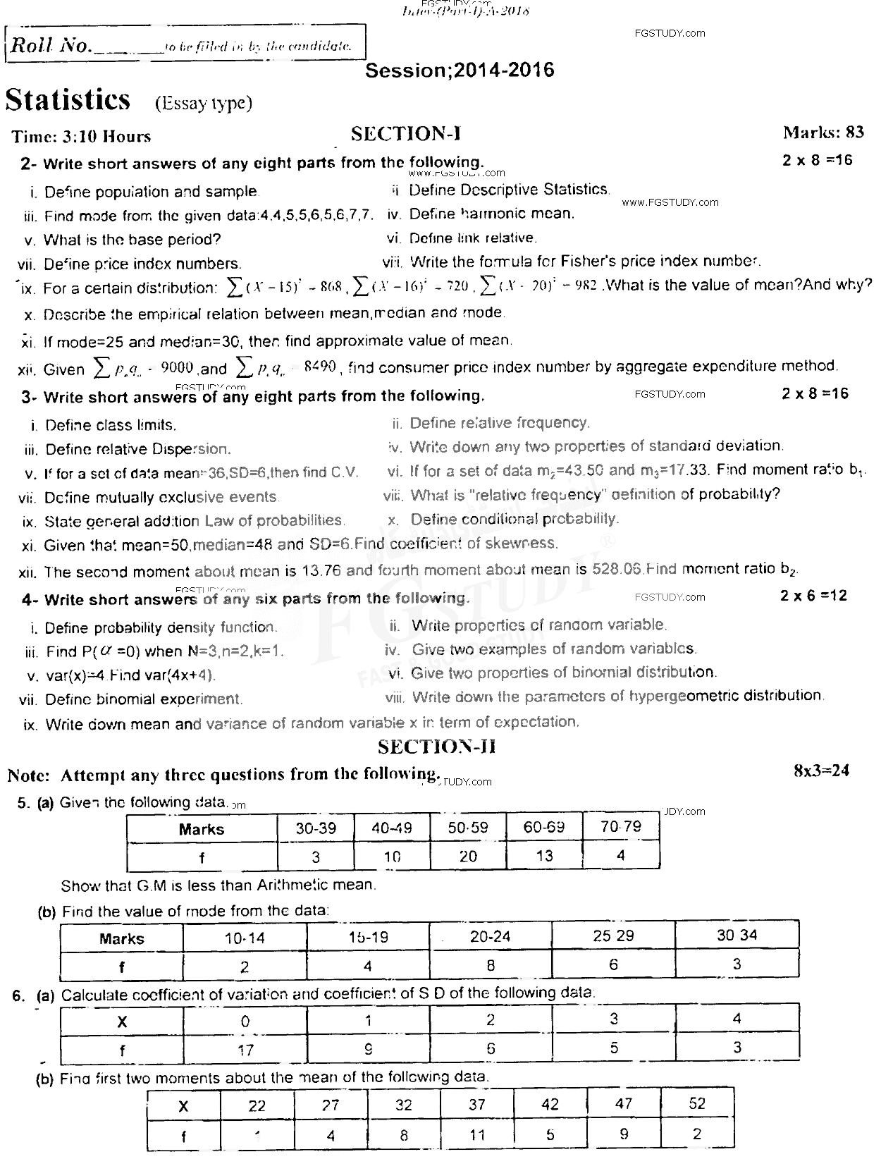 11th Class Statistics Past Paper 2018 Rawalpindi Board Subjective