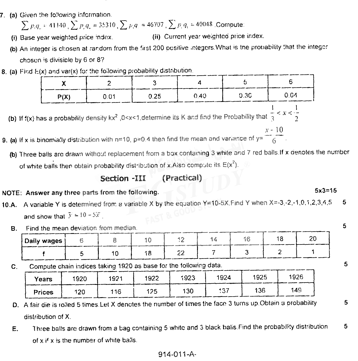 11th Class Statistics Past Paper 2018 Rawalpindi Board Subjective