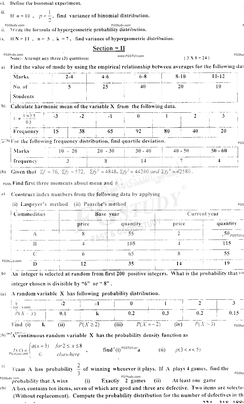 11th Class Statistics Past Paper 2018 Sahiwal Board Subjective