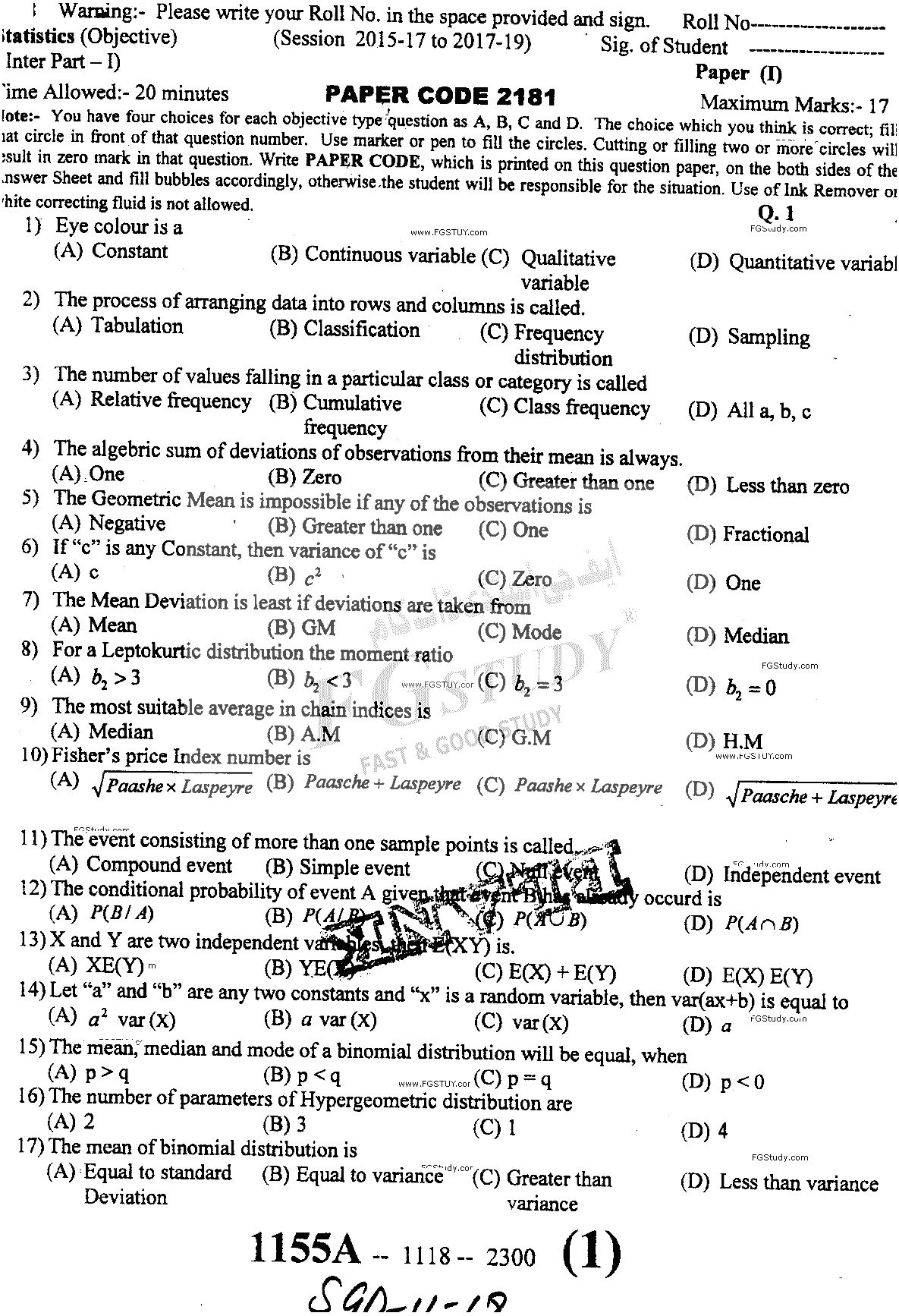 11th Class Statistics Past Paper 2018 Sargodha Board Objective