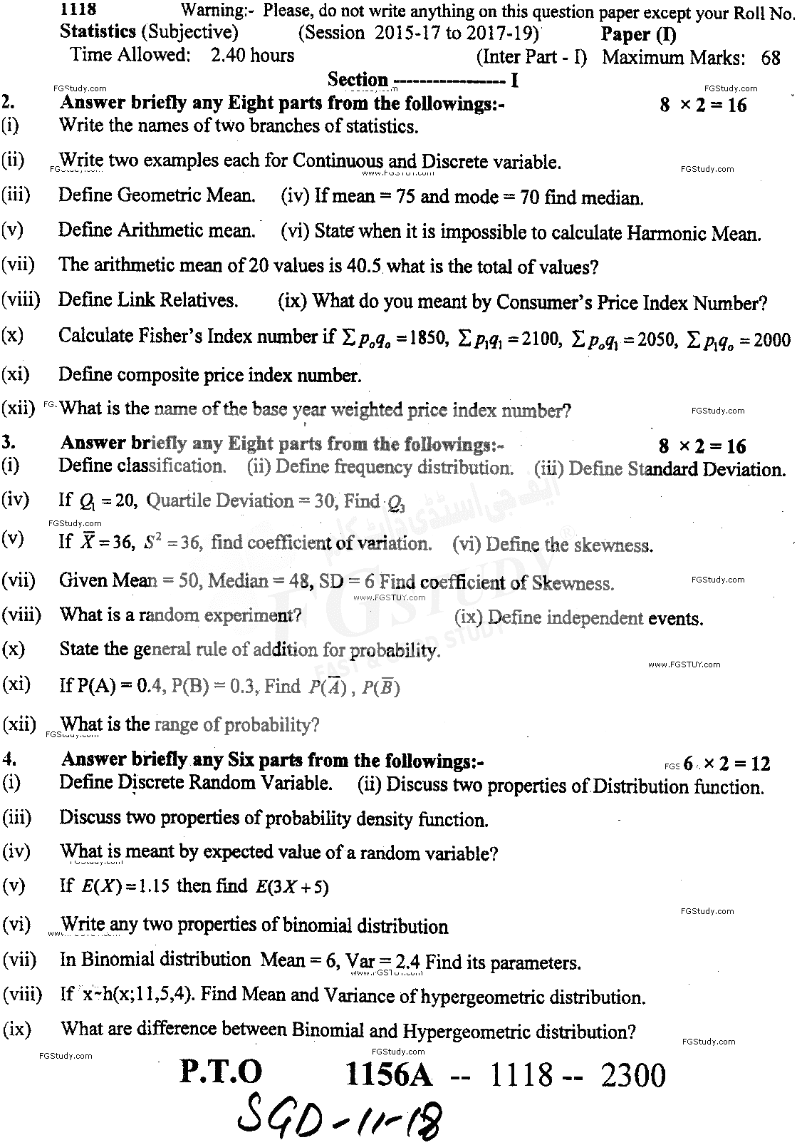 11th Class Statistics Past Paper 2018 Sargodha Board Subjective