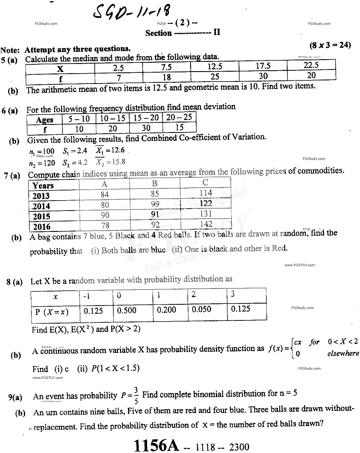 11th Class Statistics Past Paper 2018 Sargodha Board Subjective
