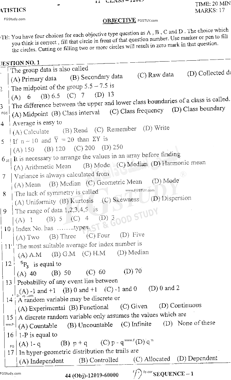 11th Class Statistics Past Paper 2019 Dg Khan Board Objective