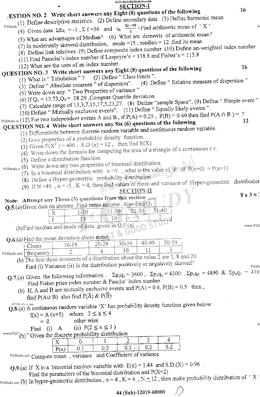 11th Class Statistics Past Paper 2019 Dg Khan Board Subjective