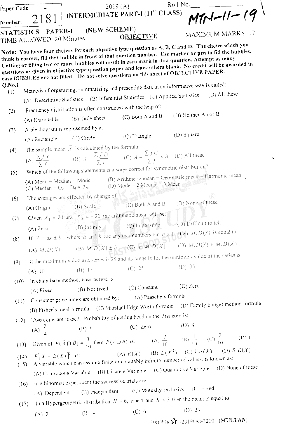 11th Class Statistics Past Paper 2019 Multan Board Objective
