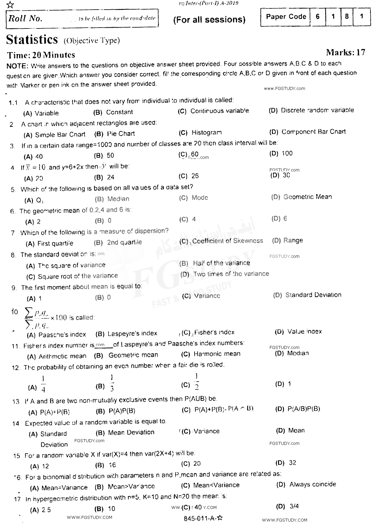 11th Class Statistics Past Paper 2019 Rawalpindi Board Objective